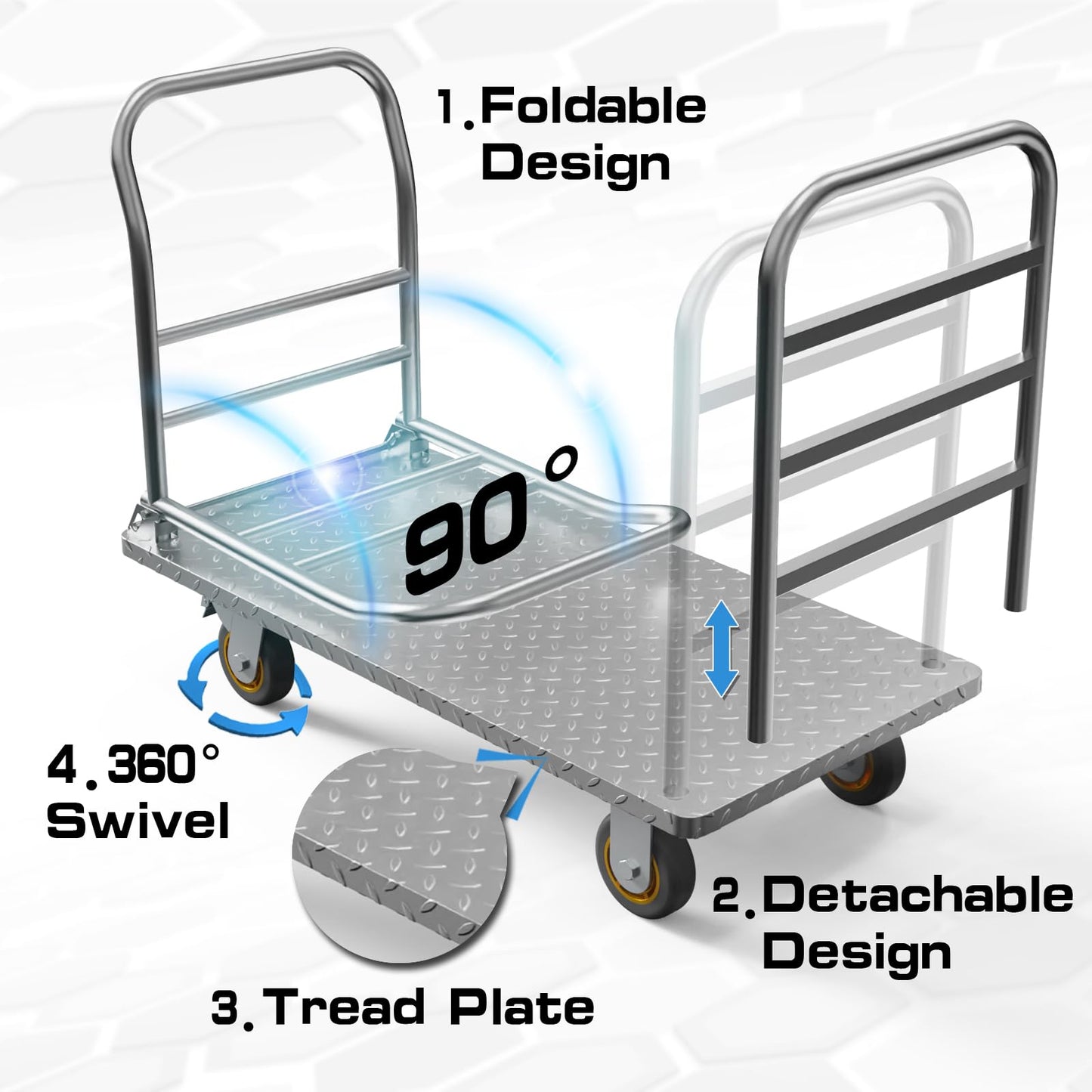 Platform Truck Cart with Detachable Baffle Guardrail,Heavy Duty 48x24 Inch Flatbed Cart with 2000 LBS Weight Capacity and 6In Swivel Caster Transporting Heavy Loads and Barrel with Ease & Efficiency