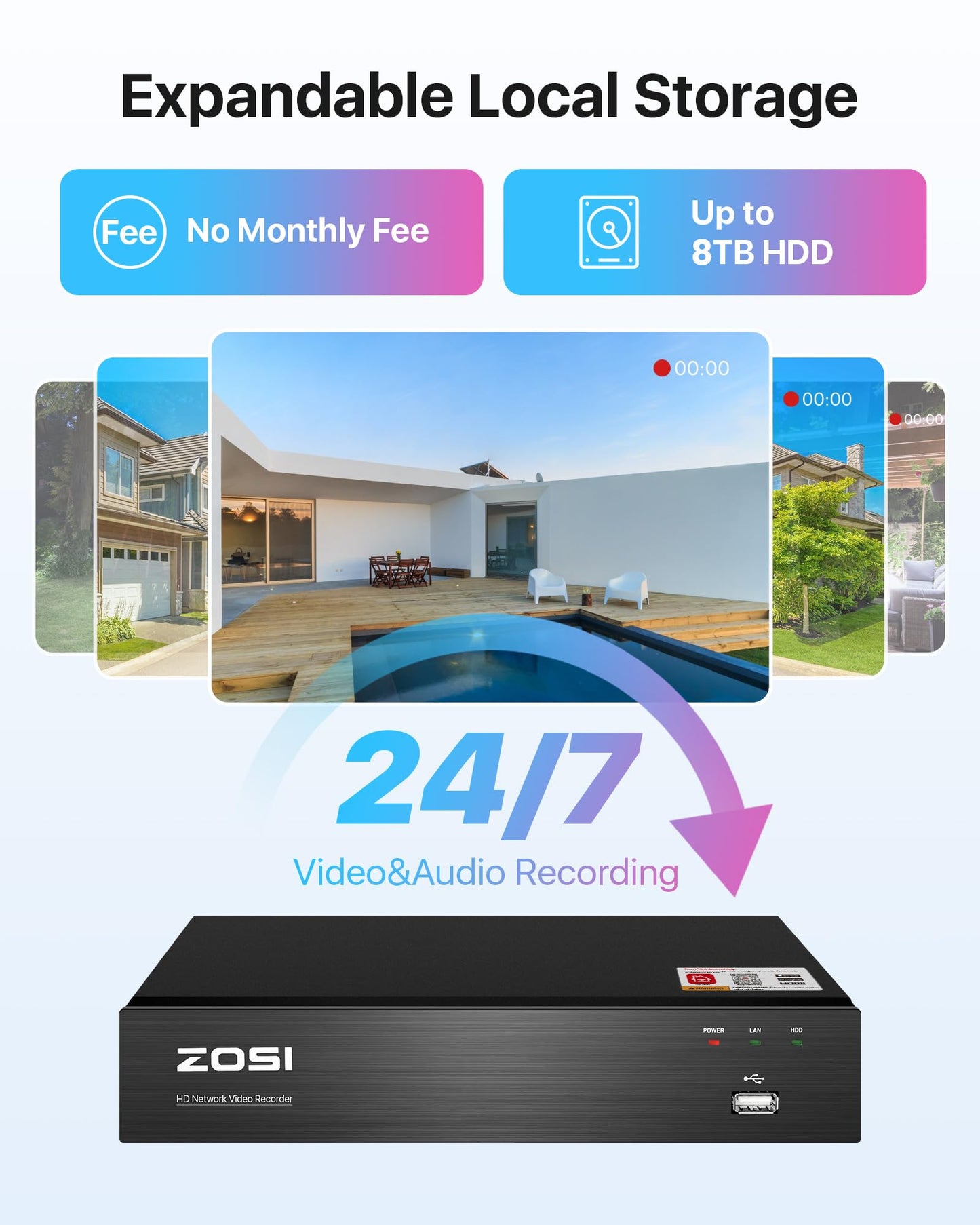 ZOSI 8CH 4K PoE Home Security Camera System, 8 Ports 16CH 8MP NVR with 2TB HDD, 4pcs 5MP Outdoor PoE IP Cameras, 100ft Night Vision, Person Vehicle Detection, Remote Access, for 24/7 Recording