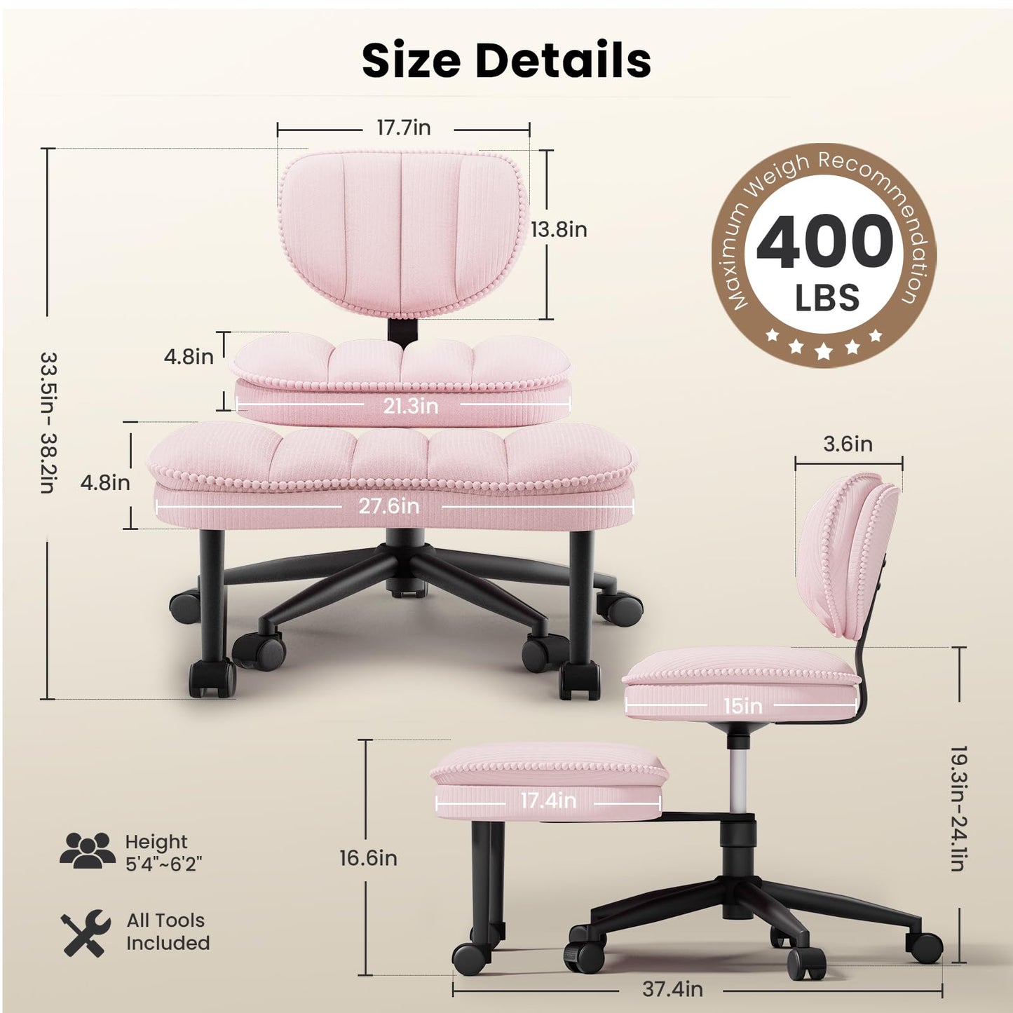 Extra-Wide & Tall Cross-Legged Office Chair – Deeply-Padded Cloud Seat, Ergonomic Back Support, Adjustable Height for ADHD & Meditation,Pink