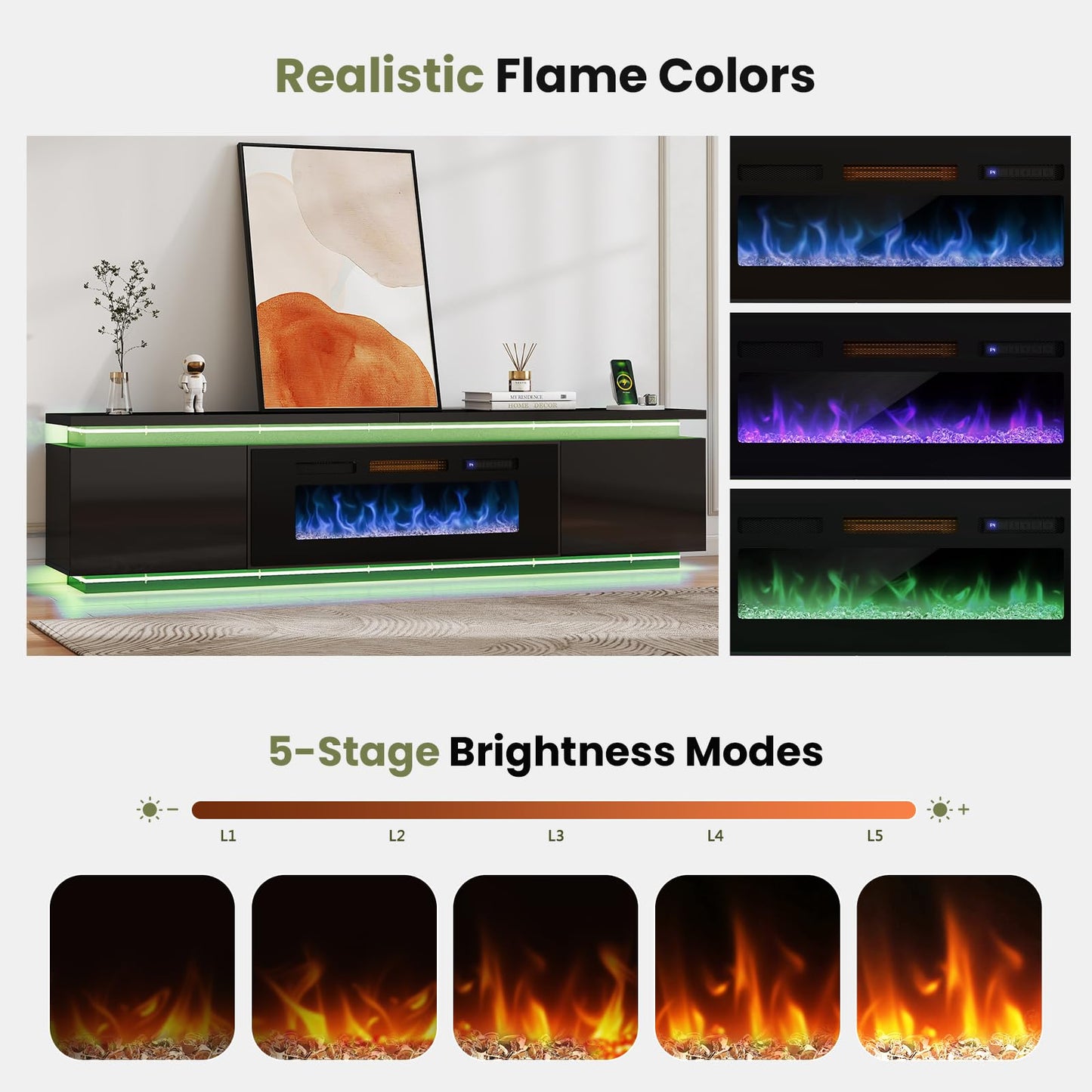 Lamtor Fireplace TV-Stand with 40" Fireplace - 2 LED Light TV-Stand for 90 95 inch TVs - Entertainment Center with 4 AC Power Outlets - 2 Tier TV Consoles Stand for Living Room, Black
