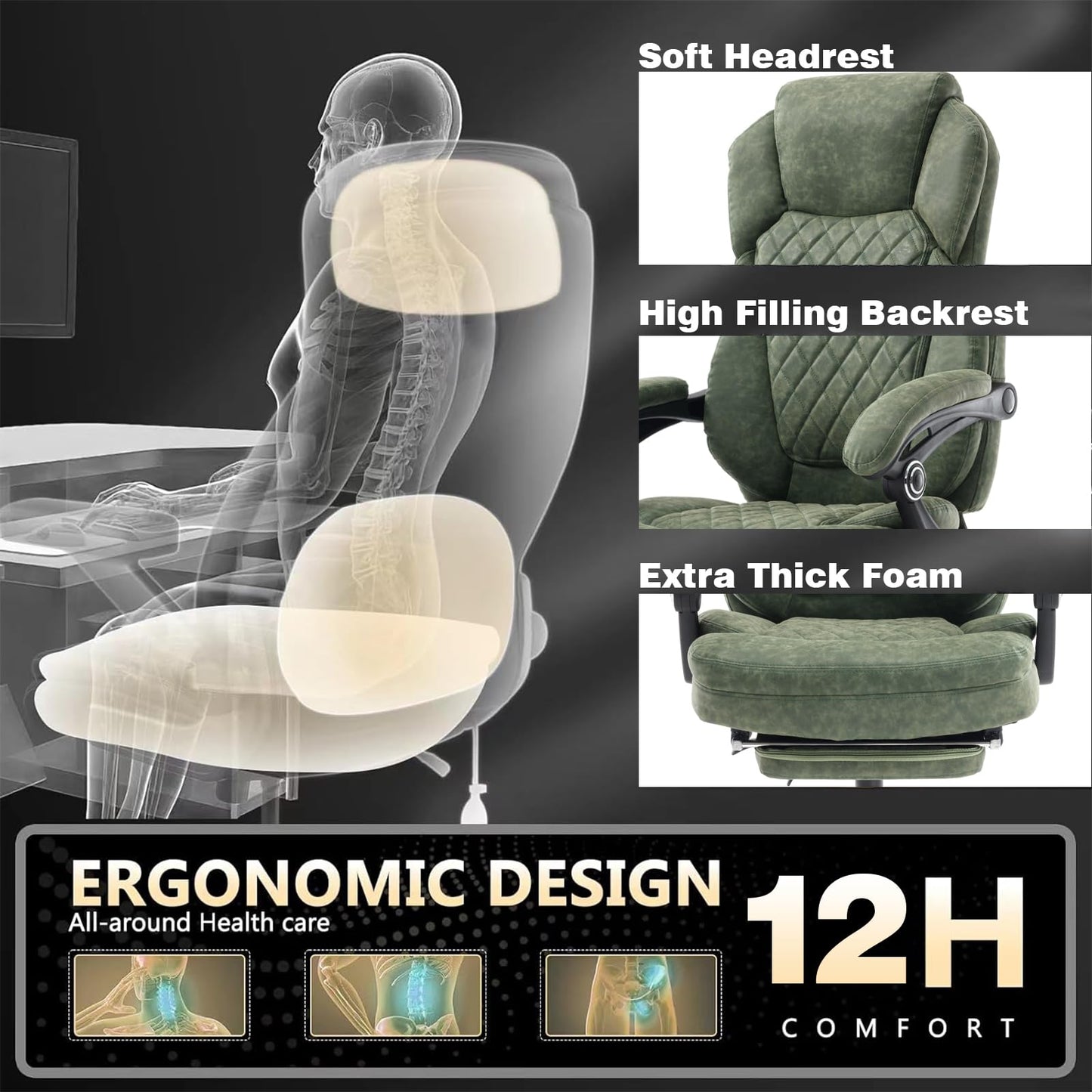 linting 400lbs Ergonomic Reclining Office Chair with Footrest, Plus Size Big Tall Leather Recliner Office Desk Chairs with Foot Leg Rest, Green