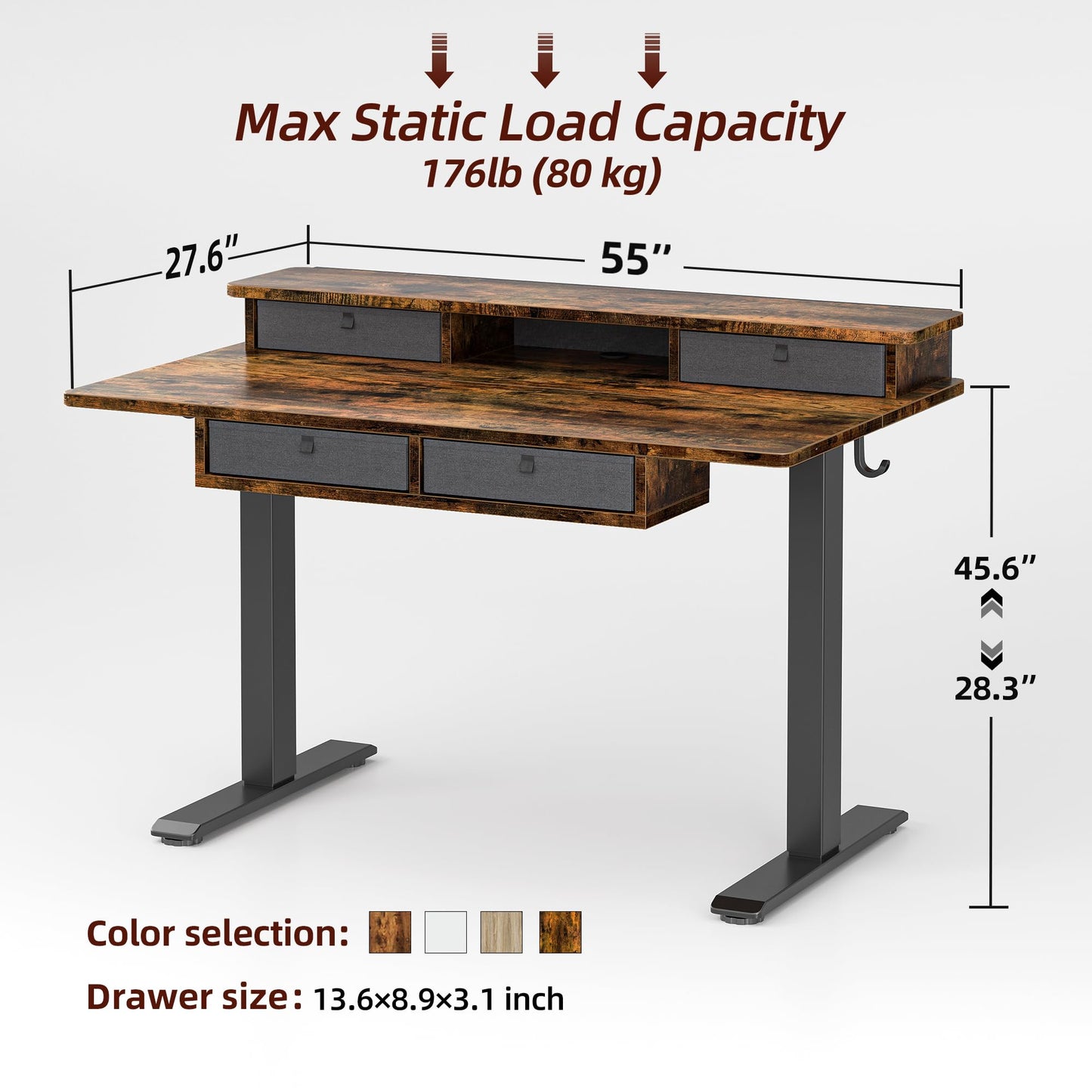 TIQLAB 55 * 28 Inch Standing Desk with Four Drawers, Electric Sit Stand Table, Stand Up Desk Adjustable Height with Storage Shelf, Splice Board, Deep Vintage