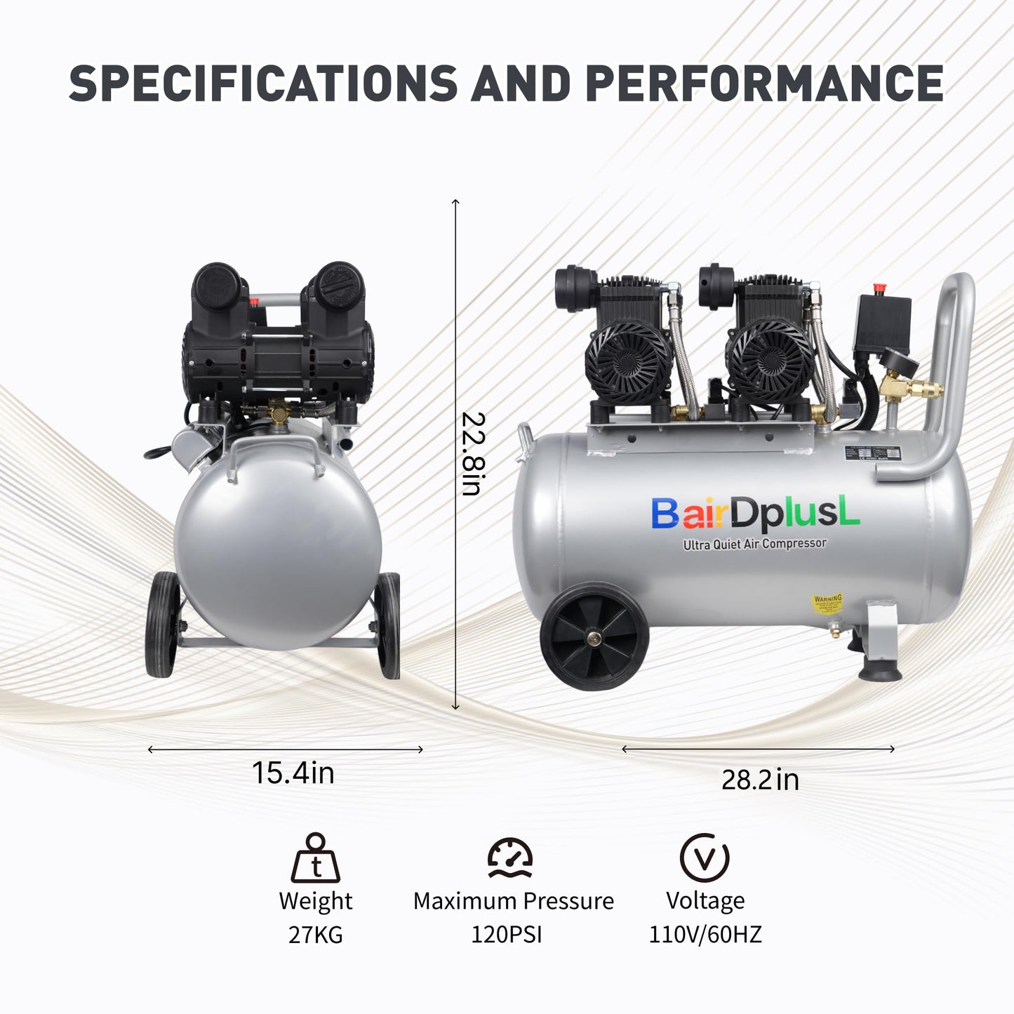 BairDplusL 14.5 Gallon Ultra Quiet Air Compressor 110V/60Hz 1.5HP 8.8CFM MAX 115PSI Steel Tanks Oil-Free 70dB Noise Level Light & Quiet Portable Air Compressor with Wheels for Auto Repair