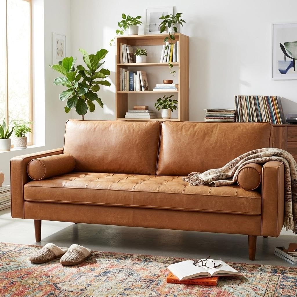 Container Furniture Direct Womble Mid Century Modern Couch with Bolster Pillows, PU Leather Upholstered Tufted Seat, Versatile Retro Design for Comfortable Living Spaces, Loveseat