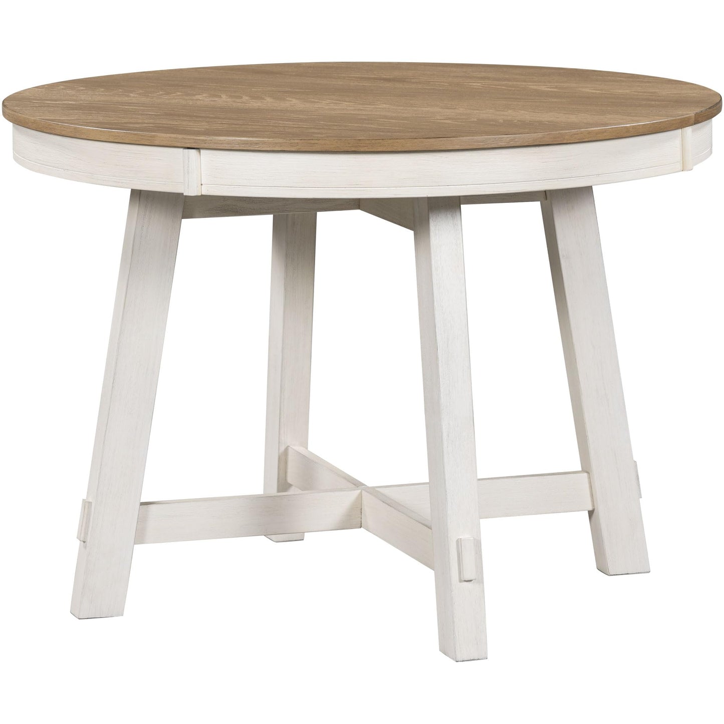 GDFStudio 42"-58" Farmhouse Extendable Dining Table for 4-6, Solid Wood Round Dining Table with 16" Leaf & X-Shaped Base, Kitchen & Dining Room Table, Space Saving, Oak Natural Wood+Antique White