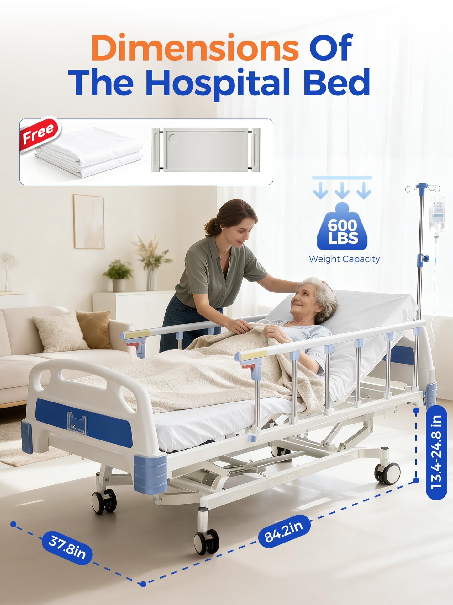 DAHAIY 3 Function 600LBS Full Electric Hospital Bed, Beds for Home Use, Medical Bed for Seniors with Mattress, Adjustable Hospital, Frame, Medical Equipment, Special Needs Beds, IV Pole,