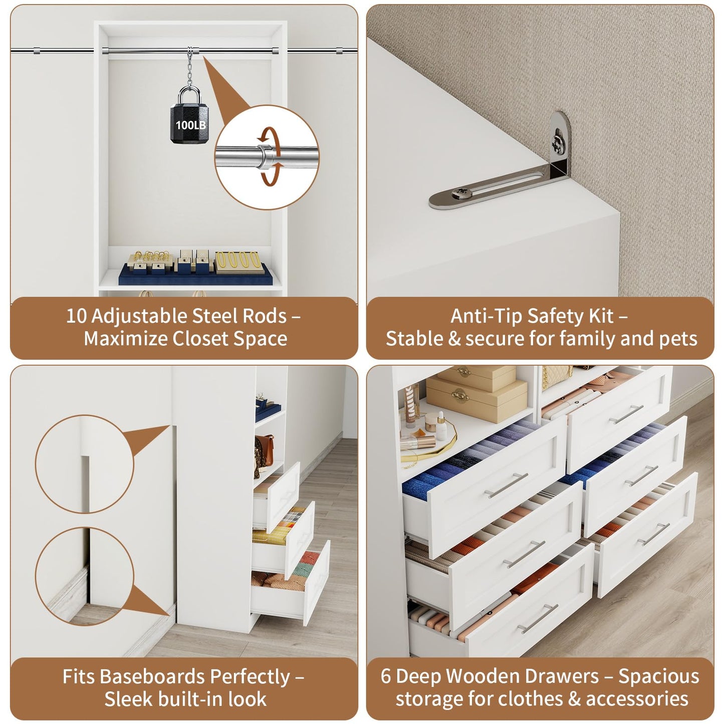 Closet System with 6 Drawers, 4FT-15FT 2-Piece Closet System, Walk in Closet Organizer System, Modular Closet System with 10 Adjustable Hanging Rods & Shelves, Closet Storage System for Bedroom, White