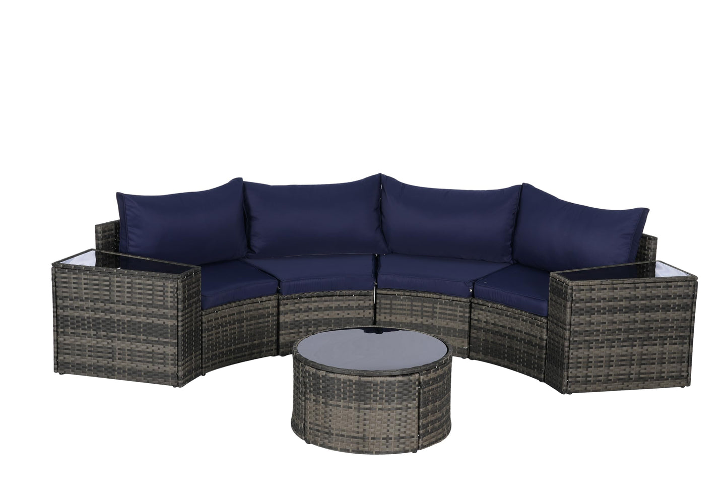 KEIKI 7-Piece Half-Moon Outdoor Patio Furniture Set, Rattan Patio Conversation Set with Coffee Table & 2 Sofa Side Table & 4 Curved Armless Sofa, Wicker Curved Sectional Sofa Set, for Backyard, Blue