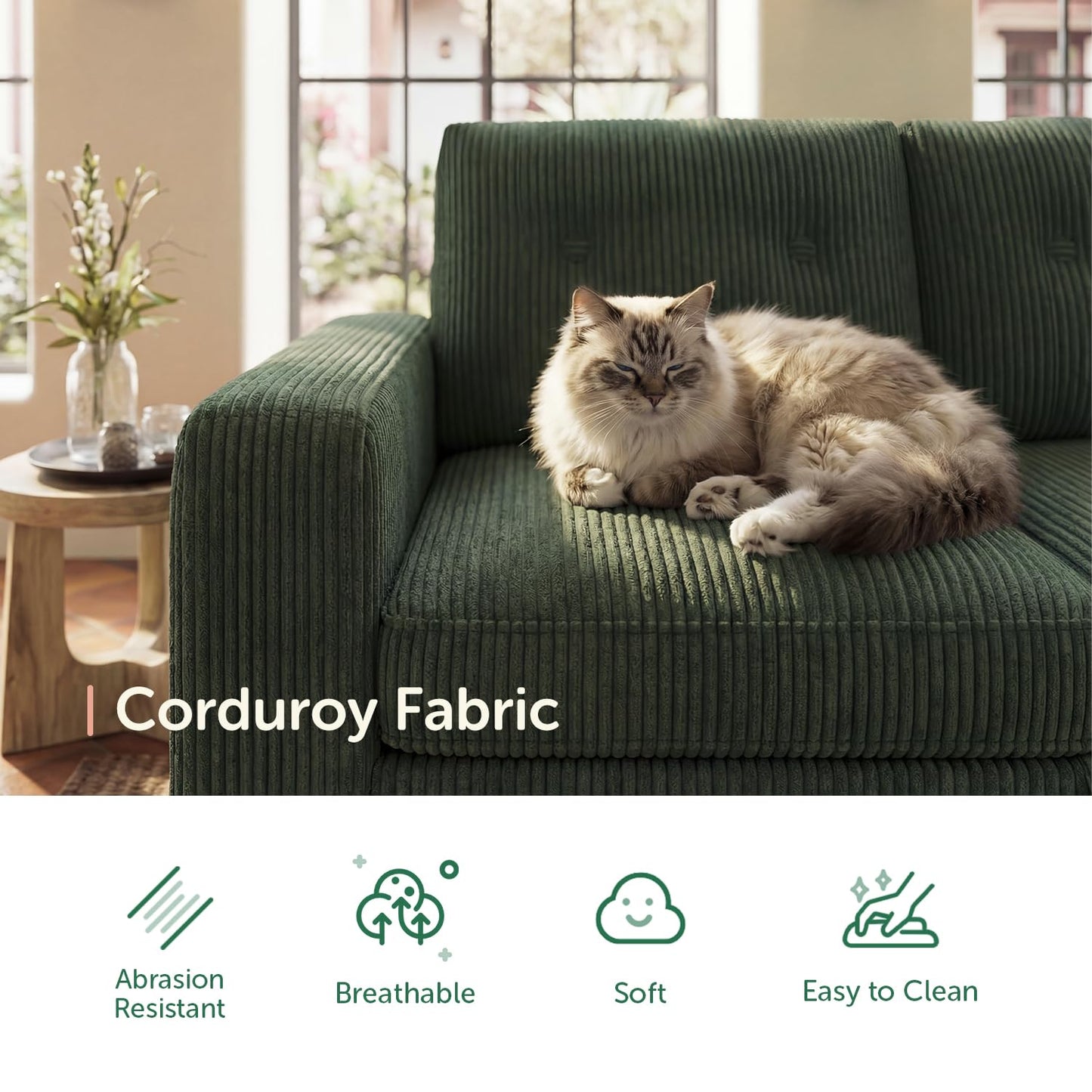 HONBAY 106.2 Inch U-Shaped Sectional Sleeper Sofa with Pull-Out Bed & Storage Ottoman, 7-Seater Sectional Sofa for Living Room, Pet-Resistant Corduroy Couch, Green