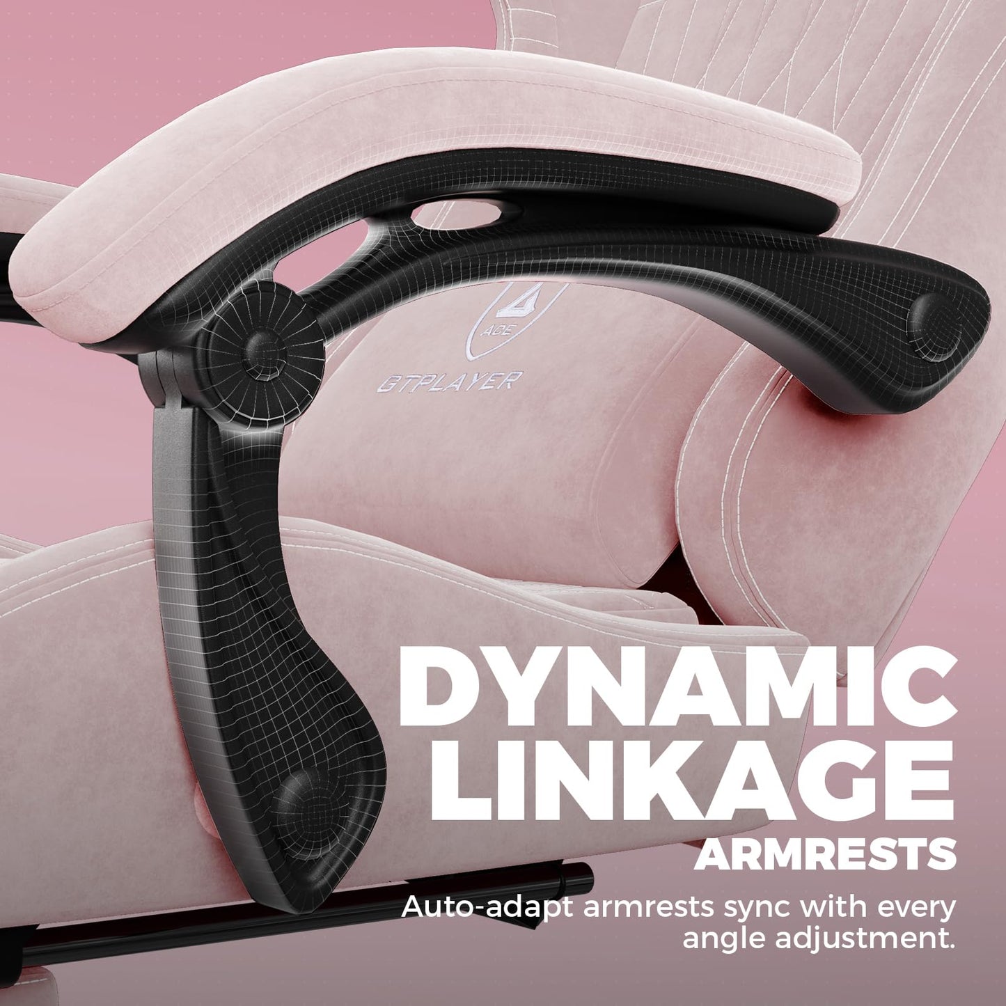GTPLAYER ACE-PRO Music Gaming Chairs – Built-in Speakers, App Support & Bluetooth Control, Computer Game Chairs with Footrest for Adults, Ergonomic Reclining Silla, Linkage Armrest, Pink 【Velvet】