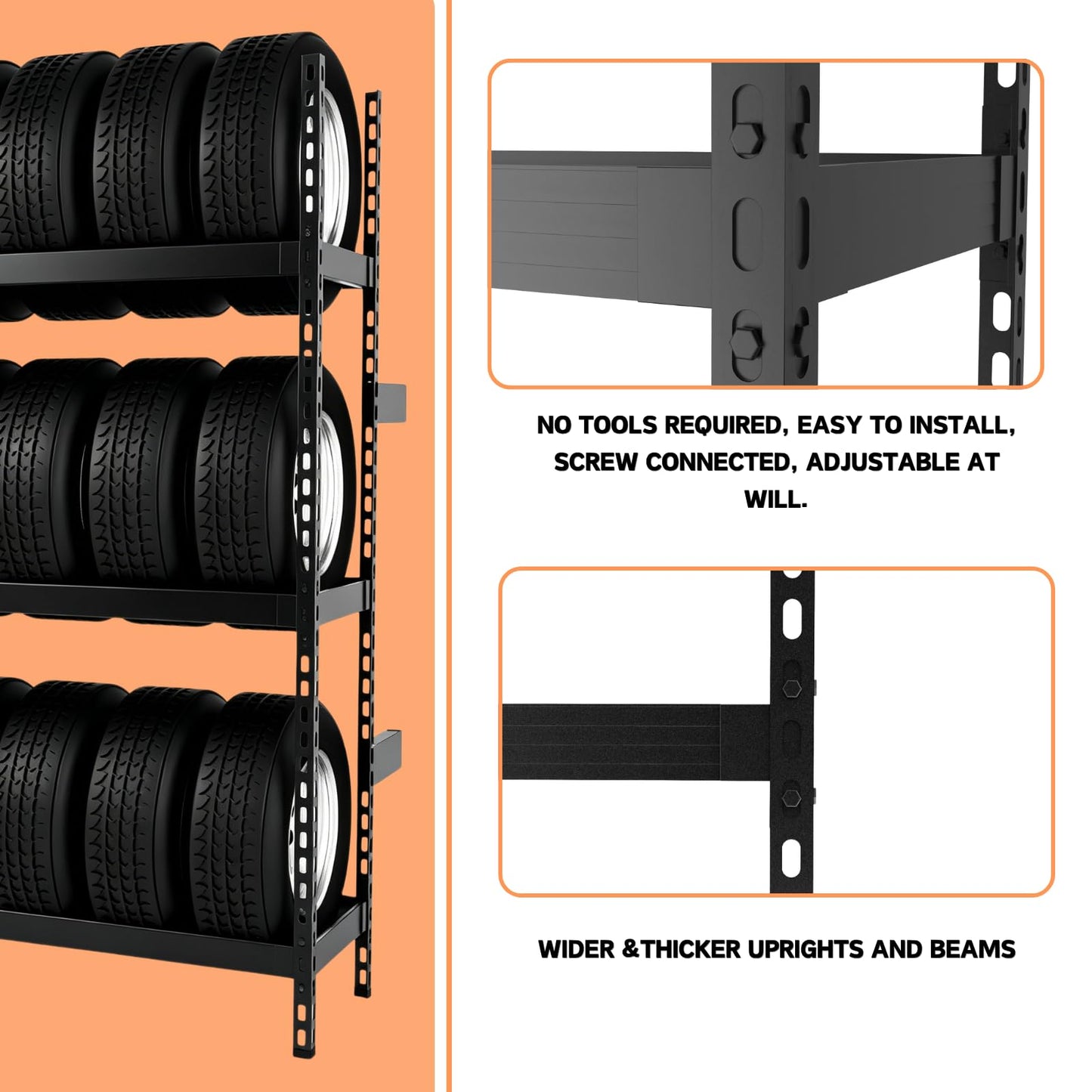 NULTRUMA 3-Tier Wall Mounted Industrial Tire Rack, Heavy Duty Steel Construction with 1500 lbs Shelf Capacity, 59" W x 18" D x 78" H, for Garage Passenger & Light Truck Tires, Assembly Required