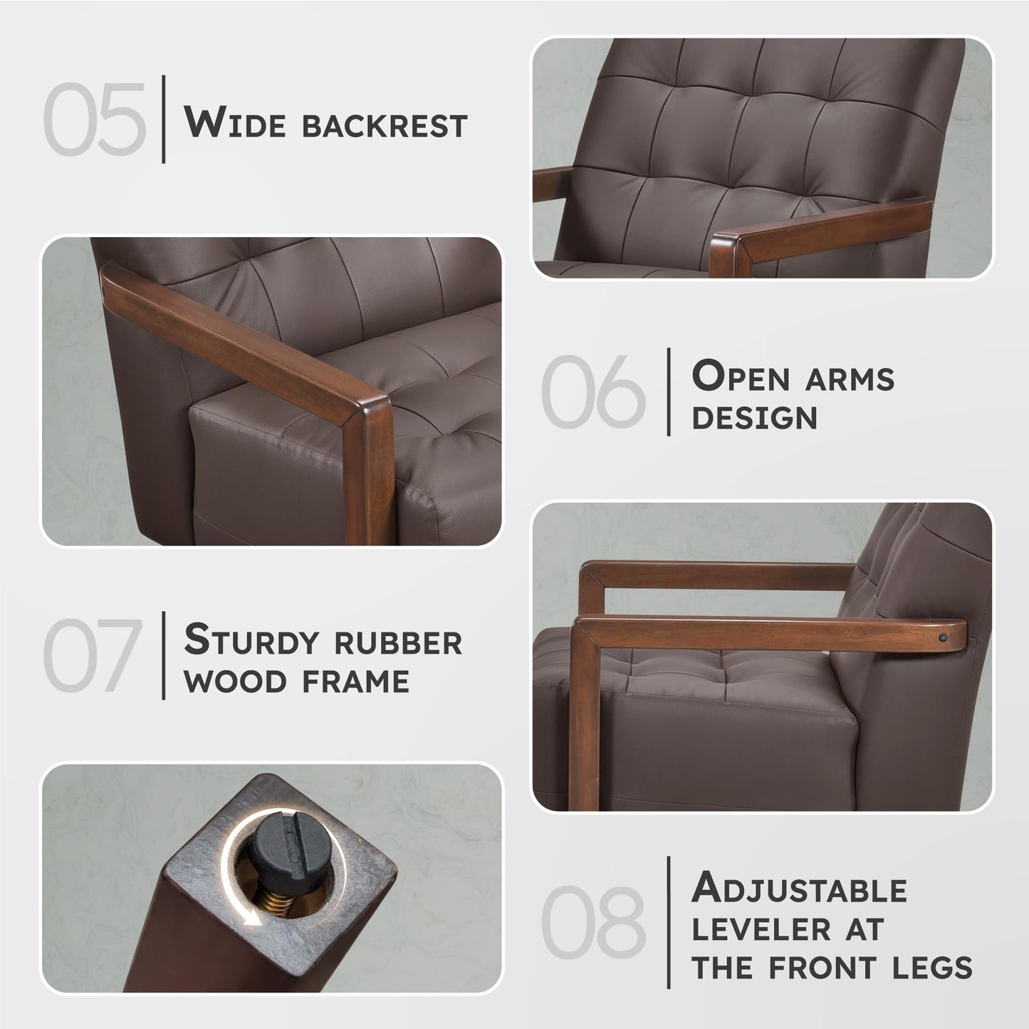 Lexicon Modern Accent Chair, Luxury Genuine Leather Match Living Room Chair with Tufted Cushions, Solid Wood Frame and Arm Rest, Comfy Upholstered Single Seat for Bedroom/Reading/Office, Dark Brown