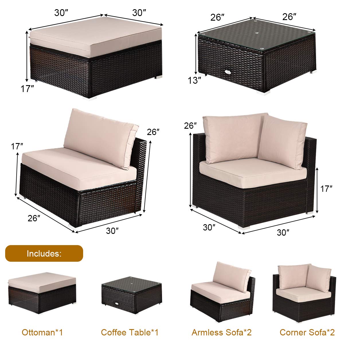 COSTWAY 6-Piece Outdoor Patio Furniture Set, Rattan Sectional Sofa Set with Tempered Glass Coffee Table, Cushions and Ottoman for Garden, Deck, Backyard (Beige)
