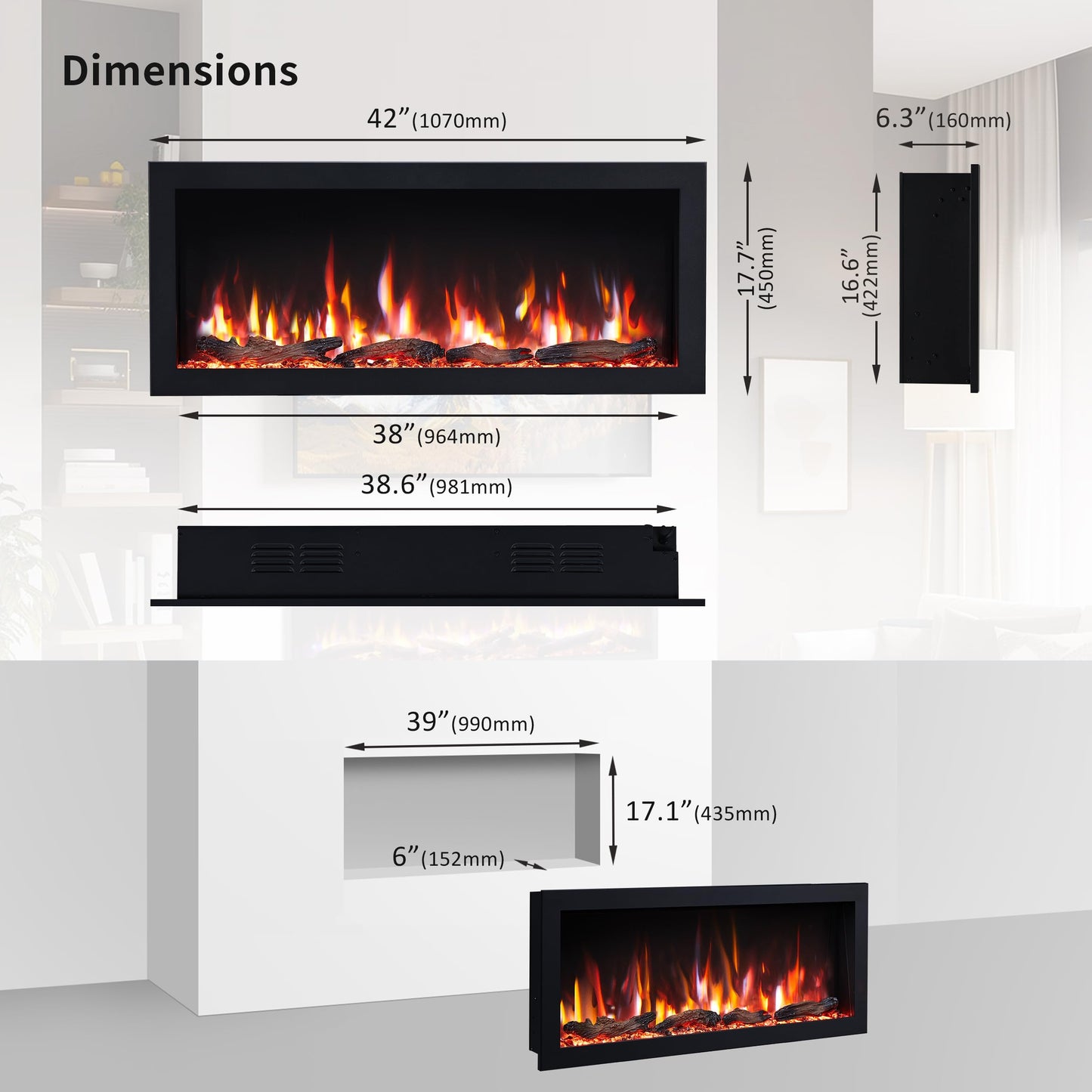 PuraFlame Bernice 42 Inch Smart Linear Electric Fireplace - Clean Hidden Vent Design, Flame with 9 Colors, Recessed in-Wall or Wall-Mount or Free Standing, Compatible with Alexa and Google Assistant