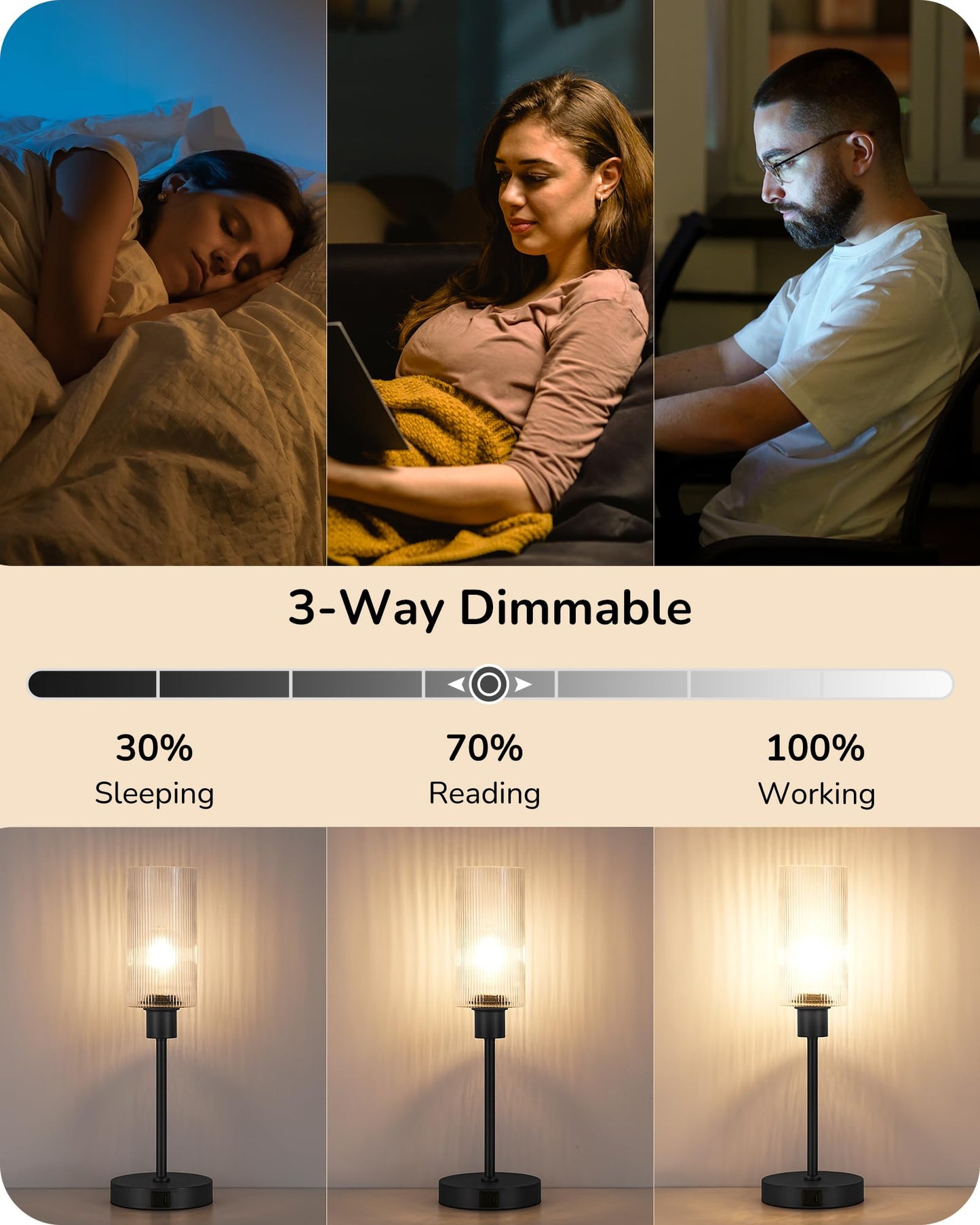 EDISHINE Table Lamp, Touch Control, 3-Way Dimmable, USB C+A Ports, Glass Shade, Black, Model 6e0d2e66-4aa0-