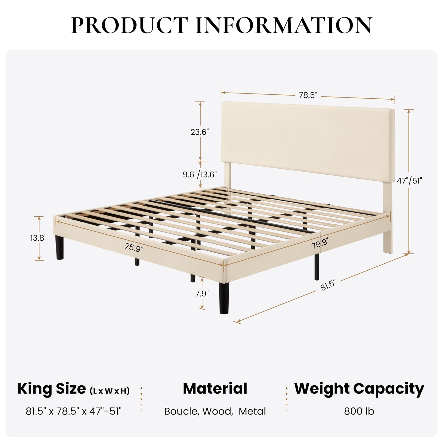 SHA CERLIN Boucle Upholstered King Size Bed Frame, Cream