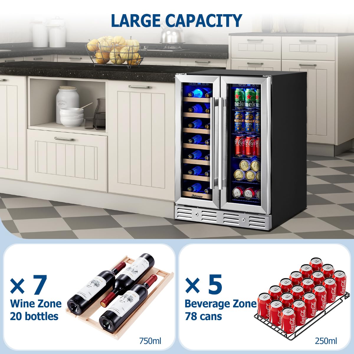 Kalamera 24 inch Wine Fridge Hold 21 Bottles and 75 Cans,Dual Zone Wine and Beverage Refrigerator,Built-In or Freestanding with Blue LED Light,for Home/Bar/Office