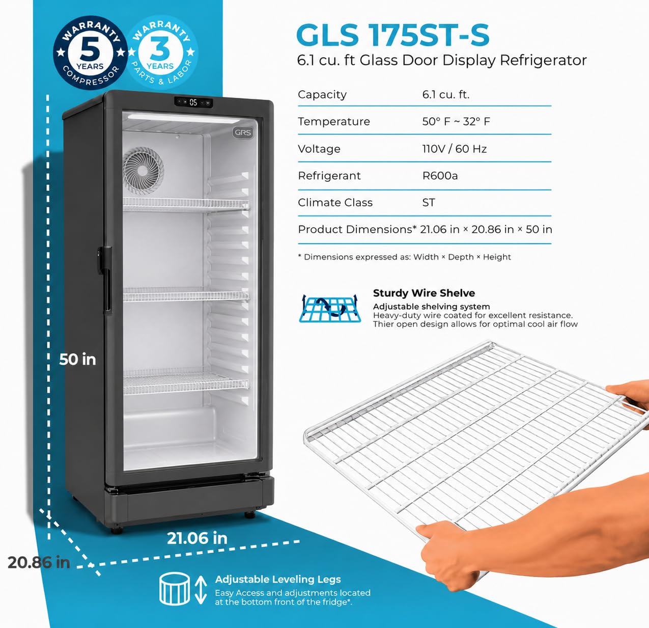 GRS Commercial Display Refrigerator with Glass Door Lock | Cool Air Flow & Temperature | Beverage fridge, Drink and Wine Cooler with Adjustable Display Shelf for Stores and Bars | Black, 6.0 Cu. Ft