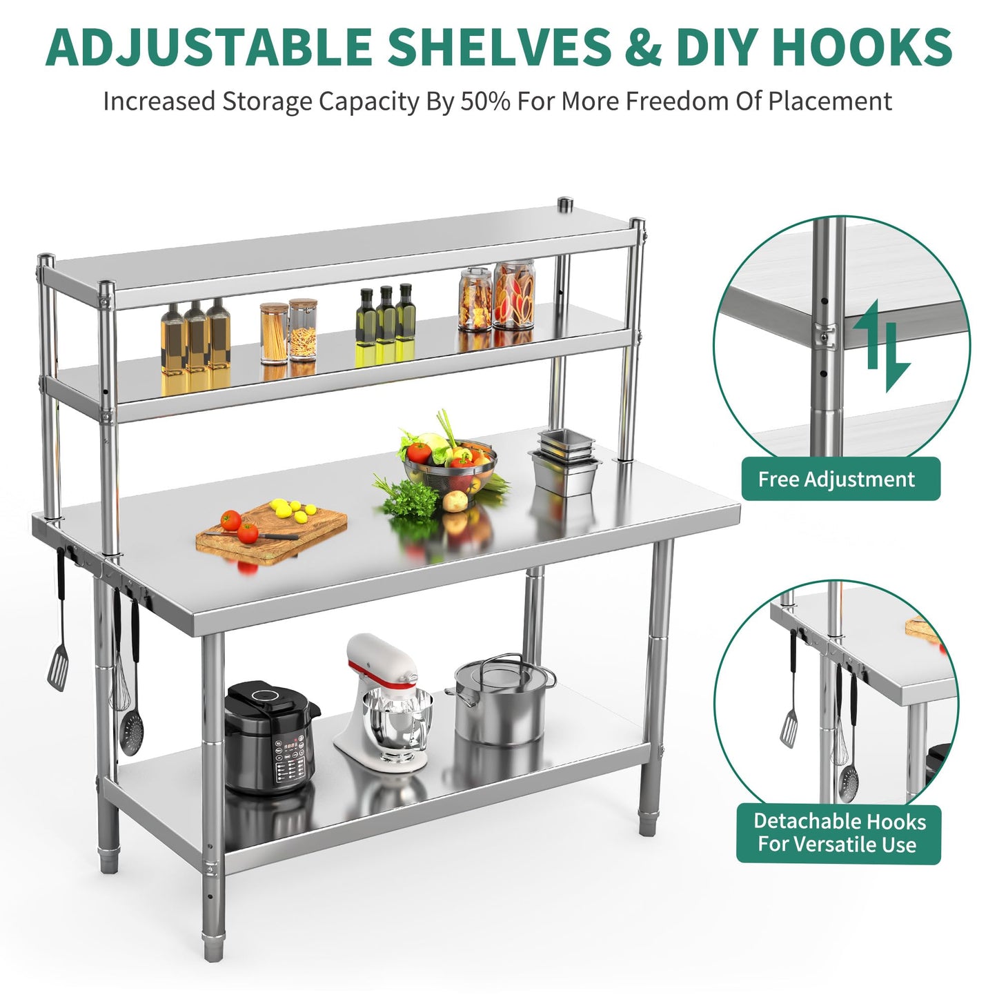 YITAHOME 48" X 24" Stainless Steel Table with 48" X 12" Overshelves
