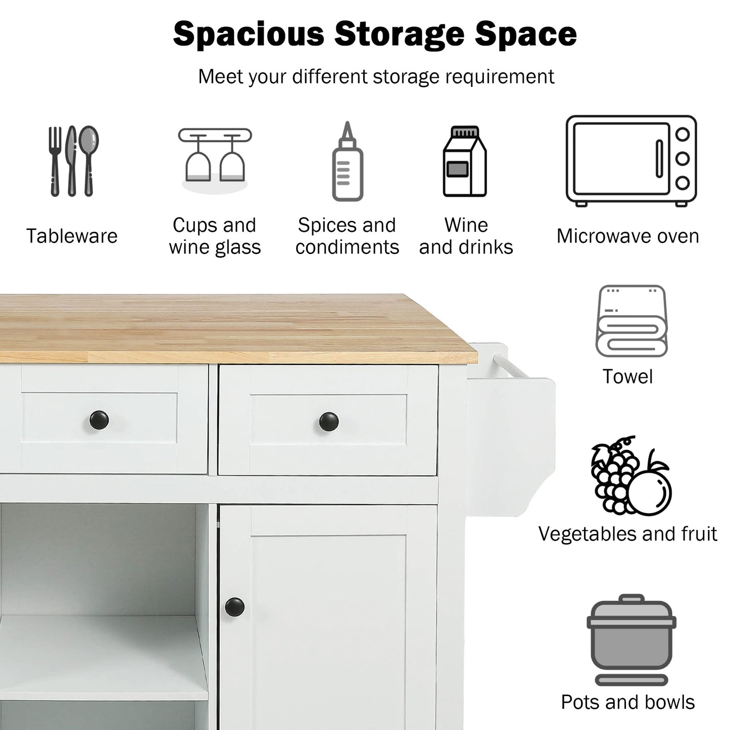 Favfurish Multipurpose Kitchen Cart Cabinet with Rubber Wood Drop-Leaf Countertop,Internal Storage Cabinet Racks W/ 5 Wheels & 3 Drawers for Dining Room, Home,Bar,White