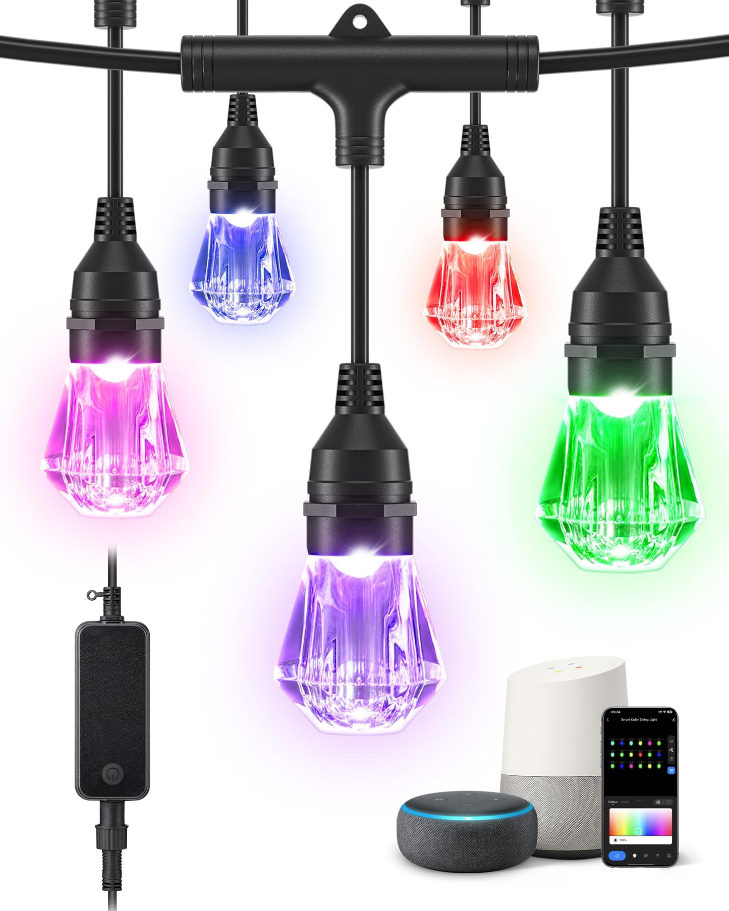 EDISHINE Smart String Lights, 48ft, 18 Acrylic RGB LED Bulbs, Waterproof, Dimmable, WiFi & APP Control, Compatible with Alexa