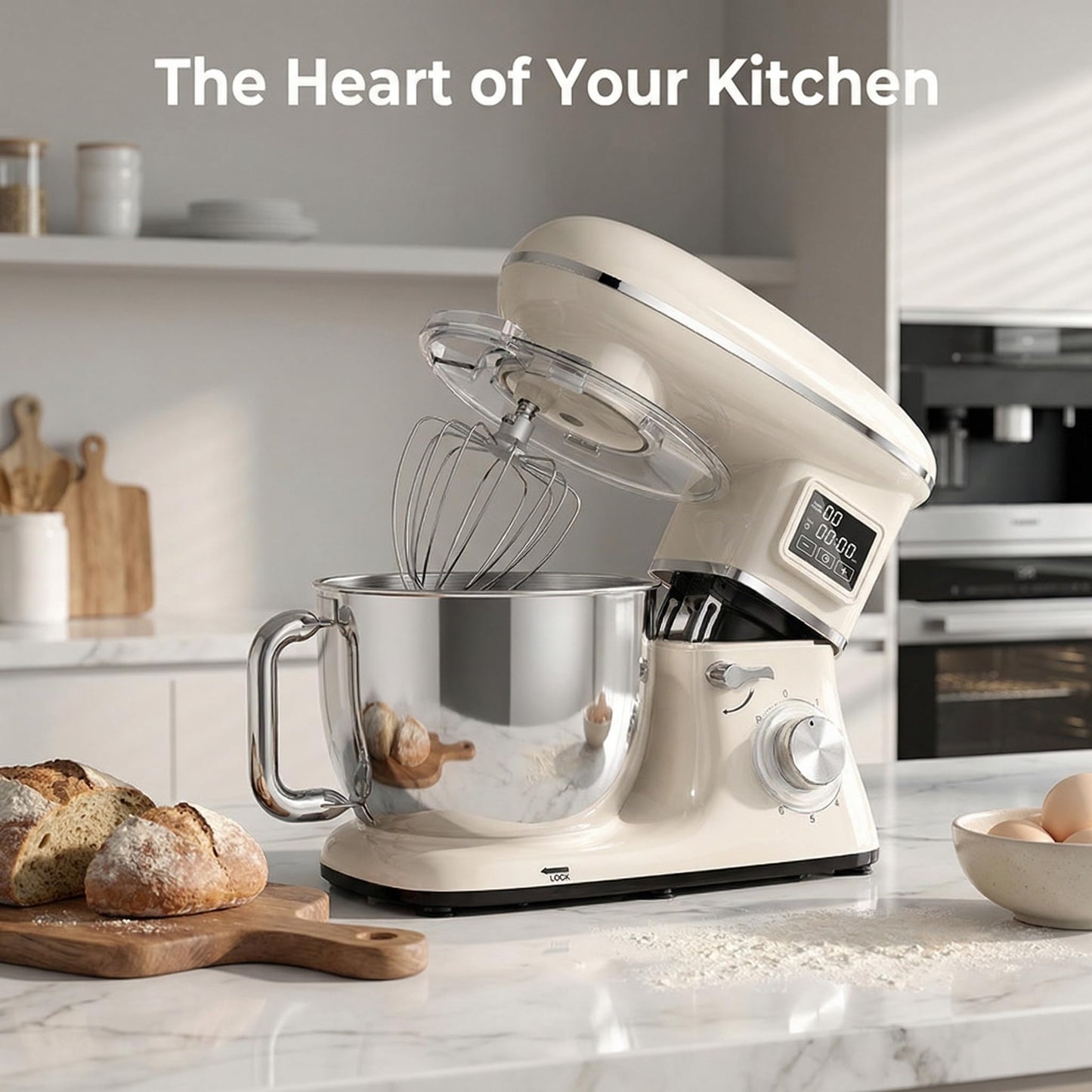 Stand Mixer with LED Display & Timer 6.5QT Stainless Steel Bowl, 1350W 6-Speeds Electric Kitchen Stand Up Mixer for Baking Cakes Cookie Bread Salad Food with Egg Whisk, Dough Hook, Beater - White