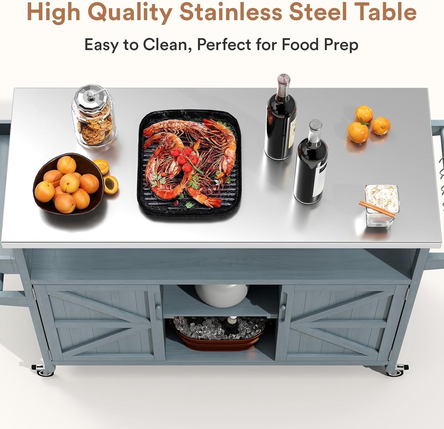Zevemomo Outdoor Grill Cart with Storage, Stainless Steel Tabletop Outdoor Kitchen Island, Fir Wood Outdoor Buffet Cabinet with Lockable Wheels for Grilling, Gray-Blue