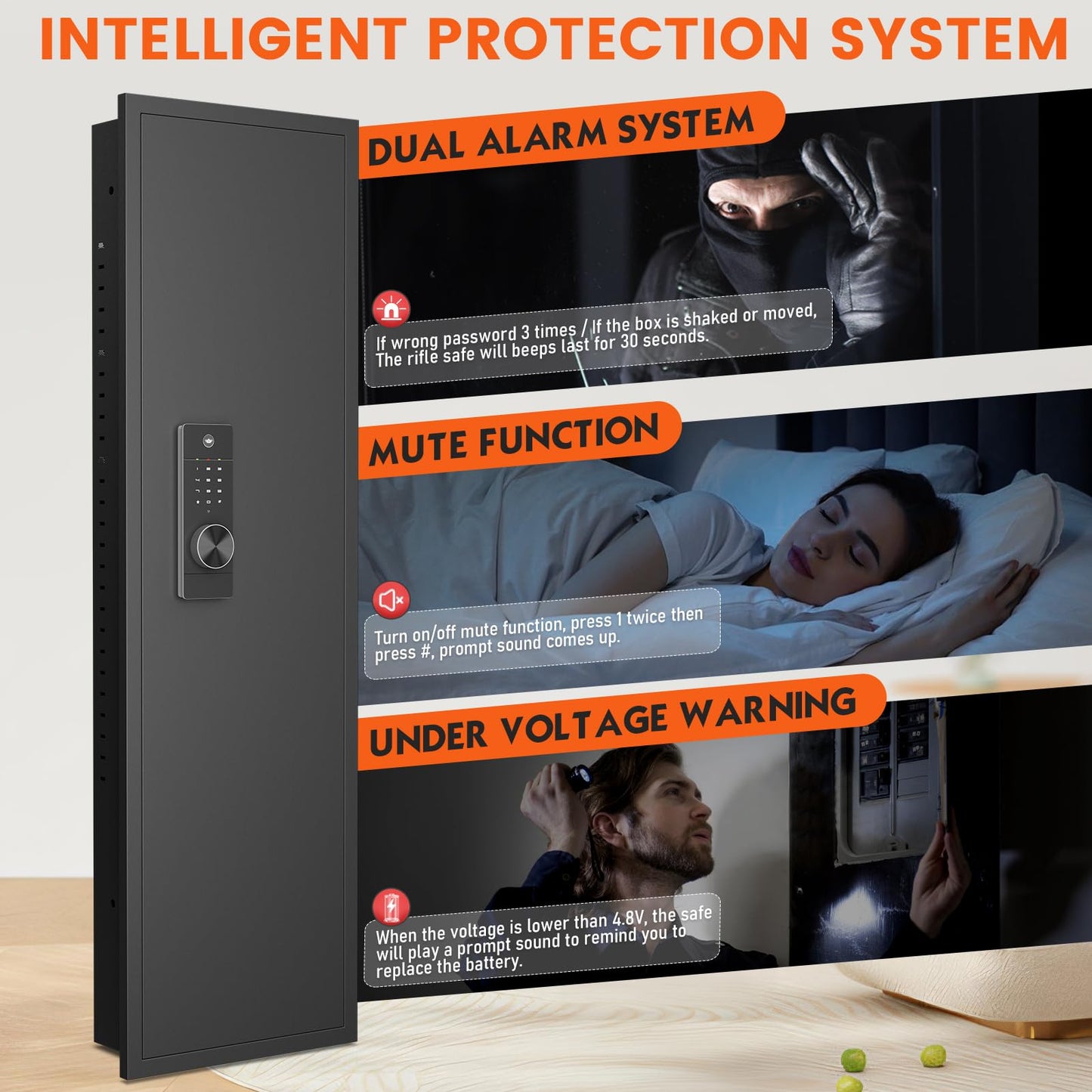 kavey 53.15" Wall Safe Between the Studs, Digital Hidden Safe with LCD Backlit Keypad, Large Wall Gun Safe with 3 Adjustable Shelves & Magnetic Slot for Home (Black-Digital)