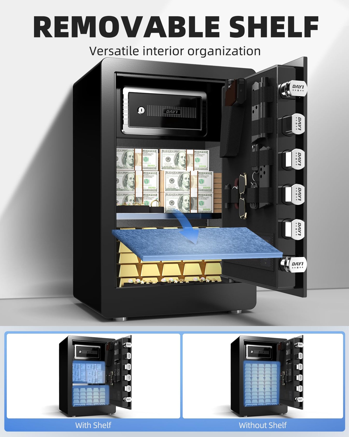 DAYI Biometric Fingerprint Safe Box, 3.0 Cu. Ft. Home Safes with Fireproof Bag, Digital Touchpad Security Safe for Money Cash Documents, Dual Alarm System - 60 Pro