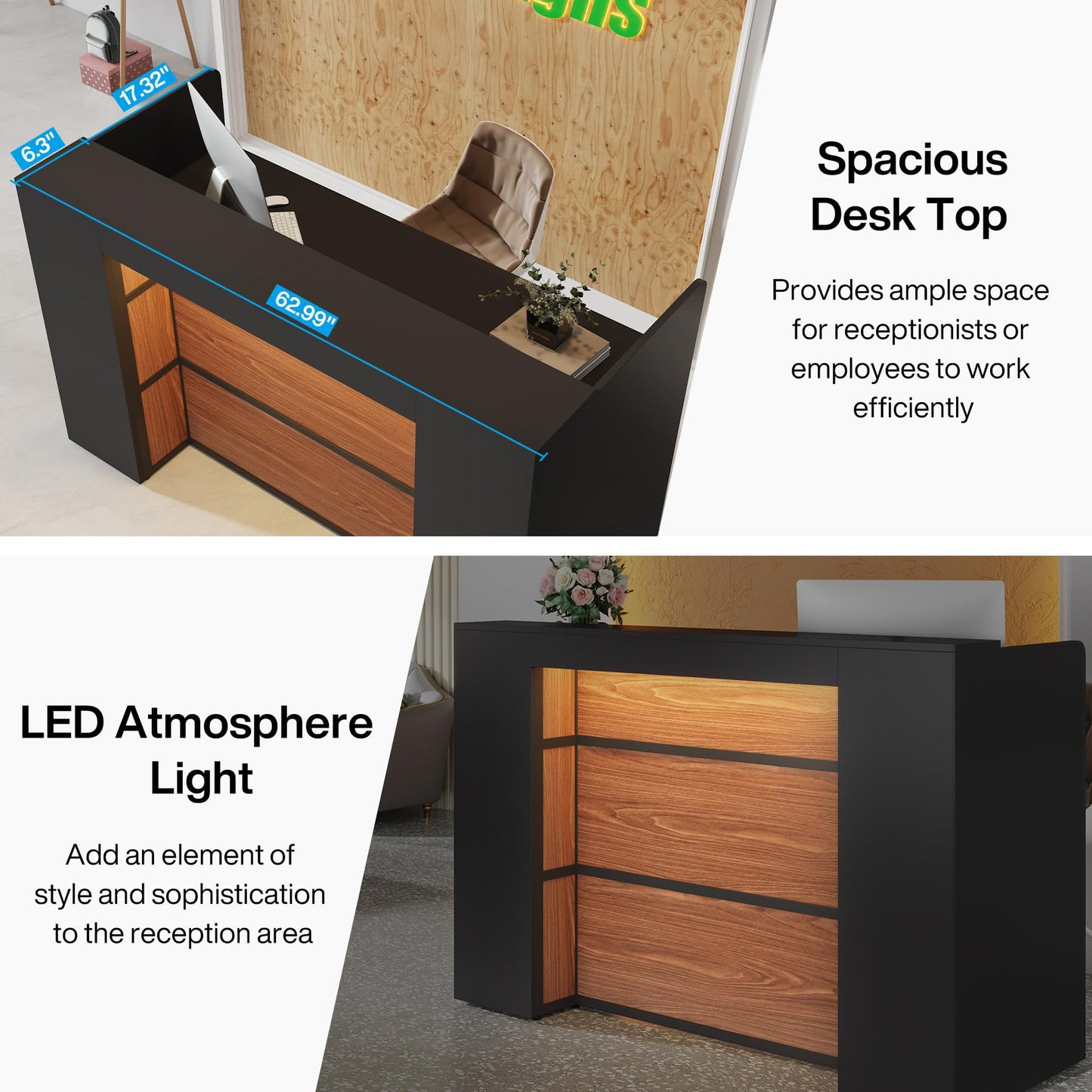 Tribesigns Reception Desk with LED Lights, 63 Inches Front Counter Desk for Checkout, Lobby, Salon, Retail, Modern Large Counter Table for Store Shop Clinic Office (Black&Brown)