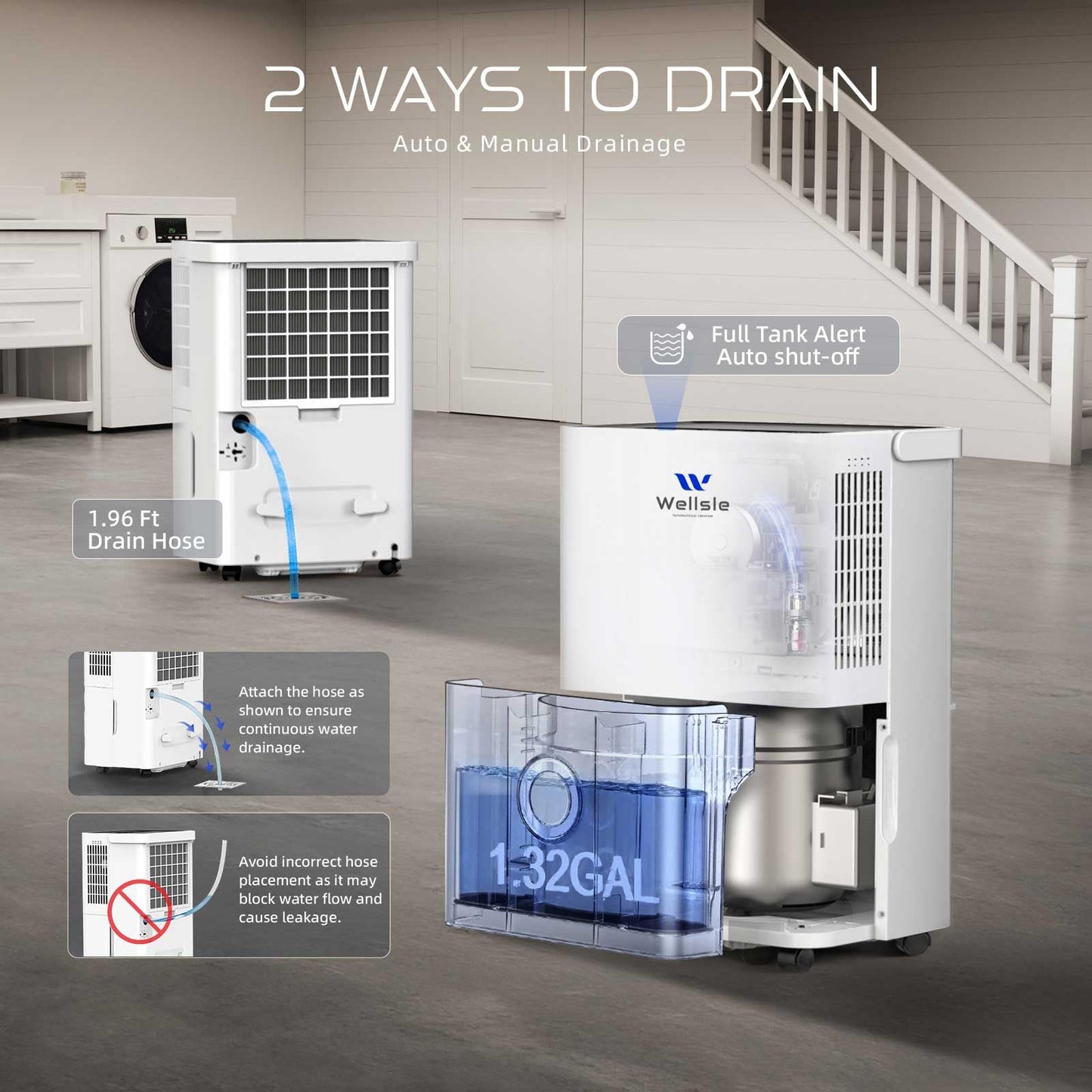 Wellsle 4500 Sq.ft Dehumidifier for Basement and Garage, 80 Pints Home Dehumidifier with Drain Hose and Water Tank, Quiet Dehumidifiers for Bedroom, Living Room, Office.