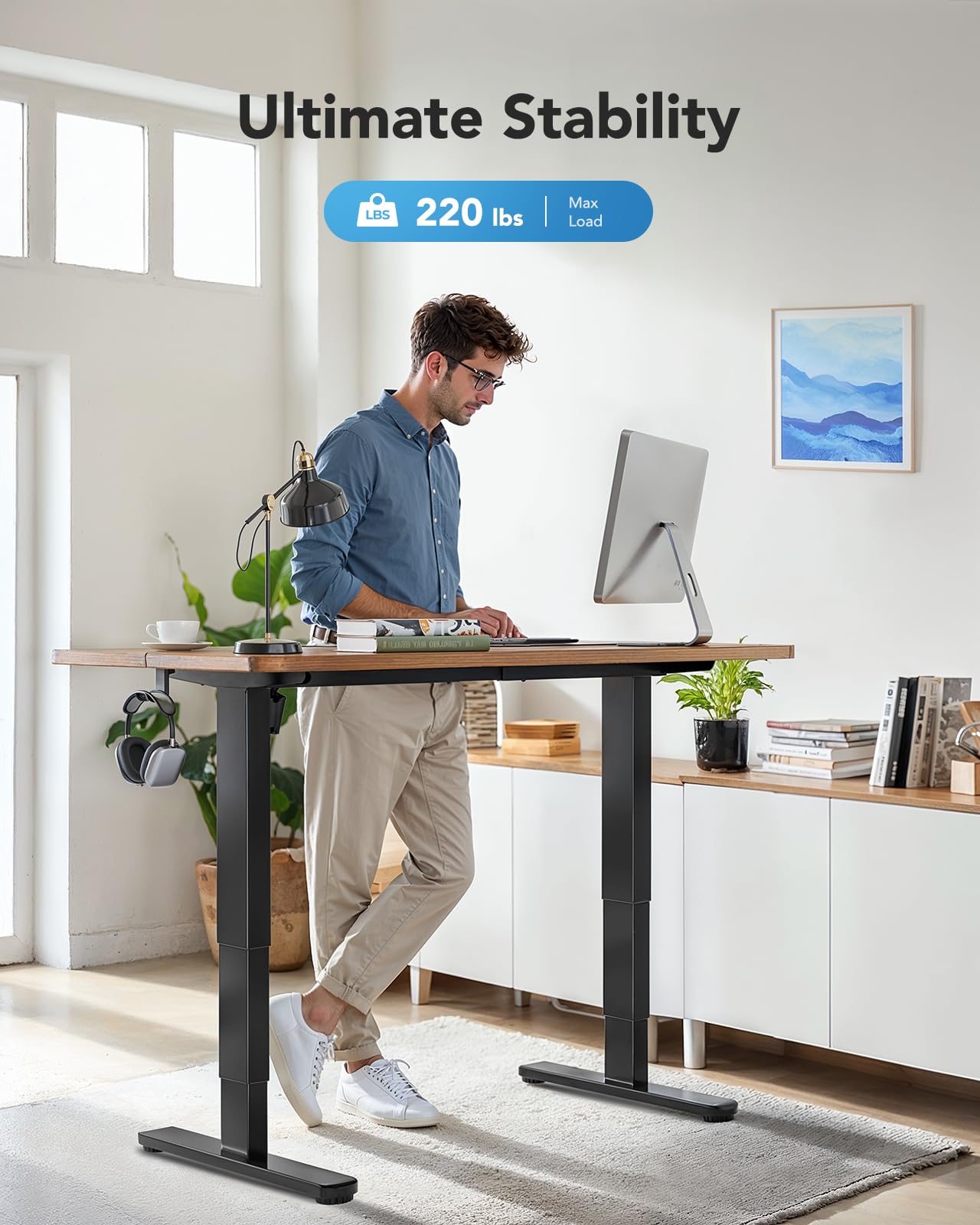 HUANUO Standing Desk Frame with 220lbs Powerful Brushless Motor, Double Crossbeam Structure, Thick Adjustable Desk Legs, for Max 35.4″ x 86.6″ Desktop, for Home Office, Black Frame Only