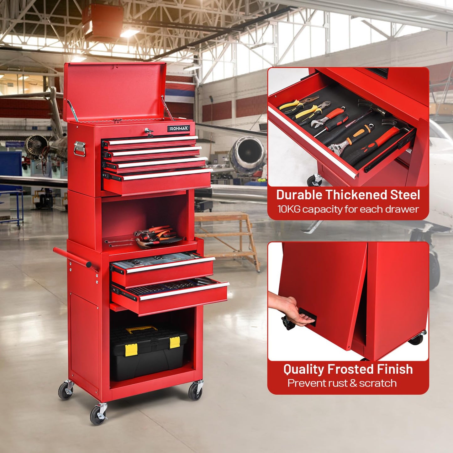 ERGOMASTER 6-Drawers Tool Chest, High Capacity Tool Storage Cabinet with Wheels and Locking System, Removable Tool-Box Bench for Garage -Upgrade 6 & Red