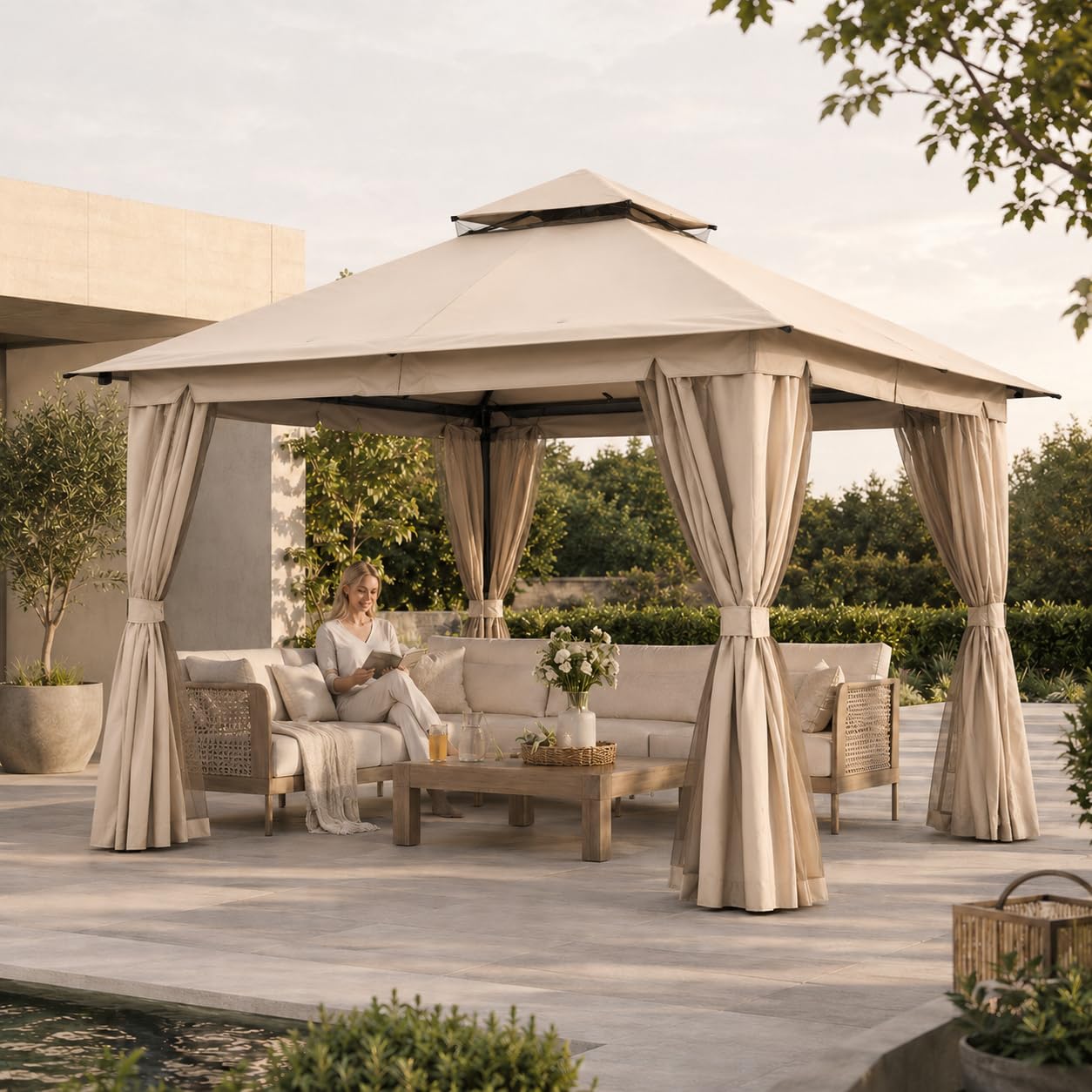 Kingdura 10'x13' Outdoor Gazebo, Heavy Duty Metal Patio Canopy Tent Shelter with Double Roof, Mosquito Netting & Privacy Curtains for Backyard, Garden, Deck, Lawn, Khaki