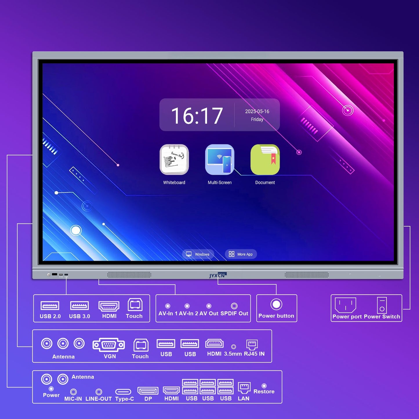 55" Smart Board, 8 + 256 GB Digital Interactive Whiteboard Display Built-in Windows10 & Android 11 Dual System with 4K Touchscreen, Electronic Smartboard for Classroom Office Home (Board Only)