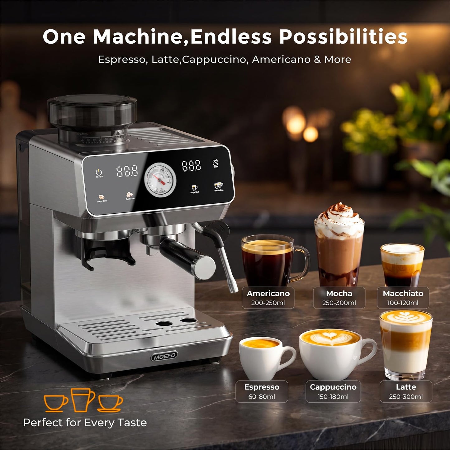 MOEFO Espresso Machine with Grinder, 20-Bar Programmable Semi-Automatic Coffee Maker, Visual Pressure Gauge & Touchscreen, Compact Design with 44-Grind Settings, Make Americano, Latte, Silver