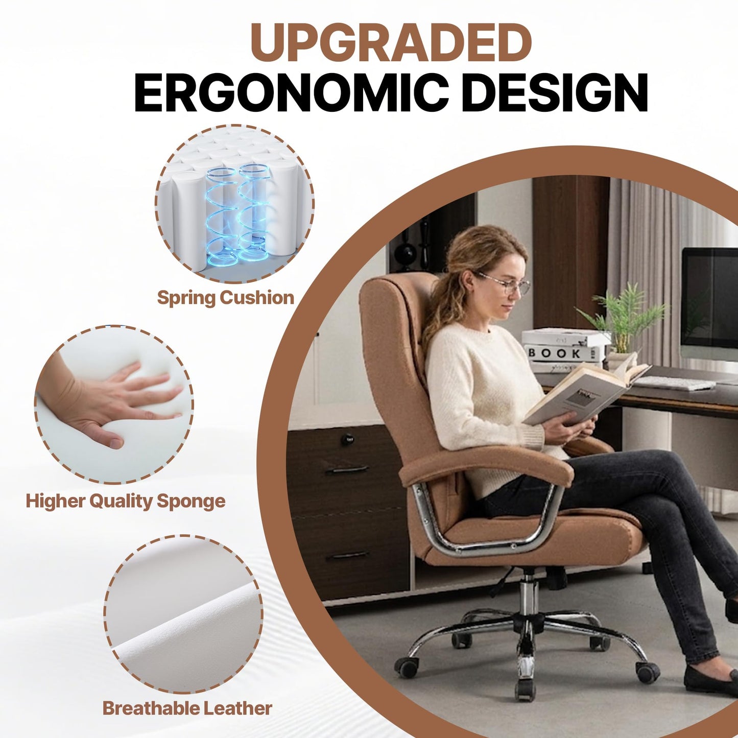 KEIKI Executive Office Chair High Back PU Leather Desk Chair with Spring Cushion, Ergonomic Swivel Computer Chair, Chrome Armrests, Adjustable Rolling Chair for Home Office, Camel
