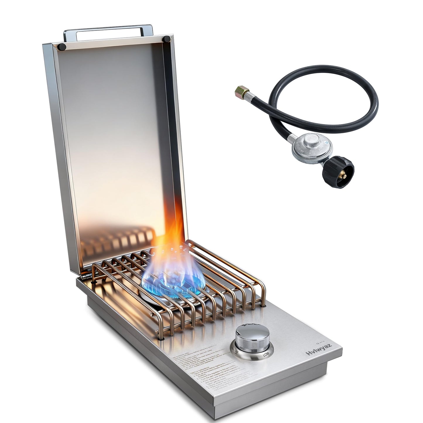 Built-in Single Side Grill Burner with Cover, Silver 304 Stainless Steel Side Burner for Outdoor Kitchen, Propane & Natural Gas, Outdoor BBQ for Family Patio Parties