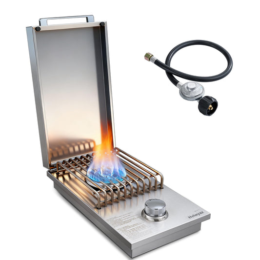 Built-in Single Side Grill Burner with Cover, Silver 304 Stainless Steel Side Burner for Outdoor Kitchen, Propane & Natural Gas, Outdoor BBQ for Family Patio Parties