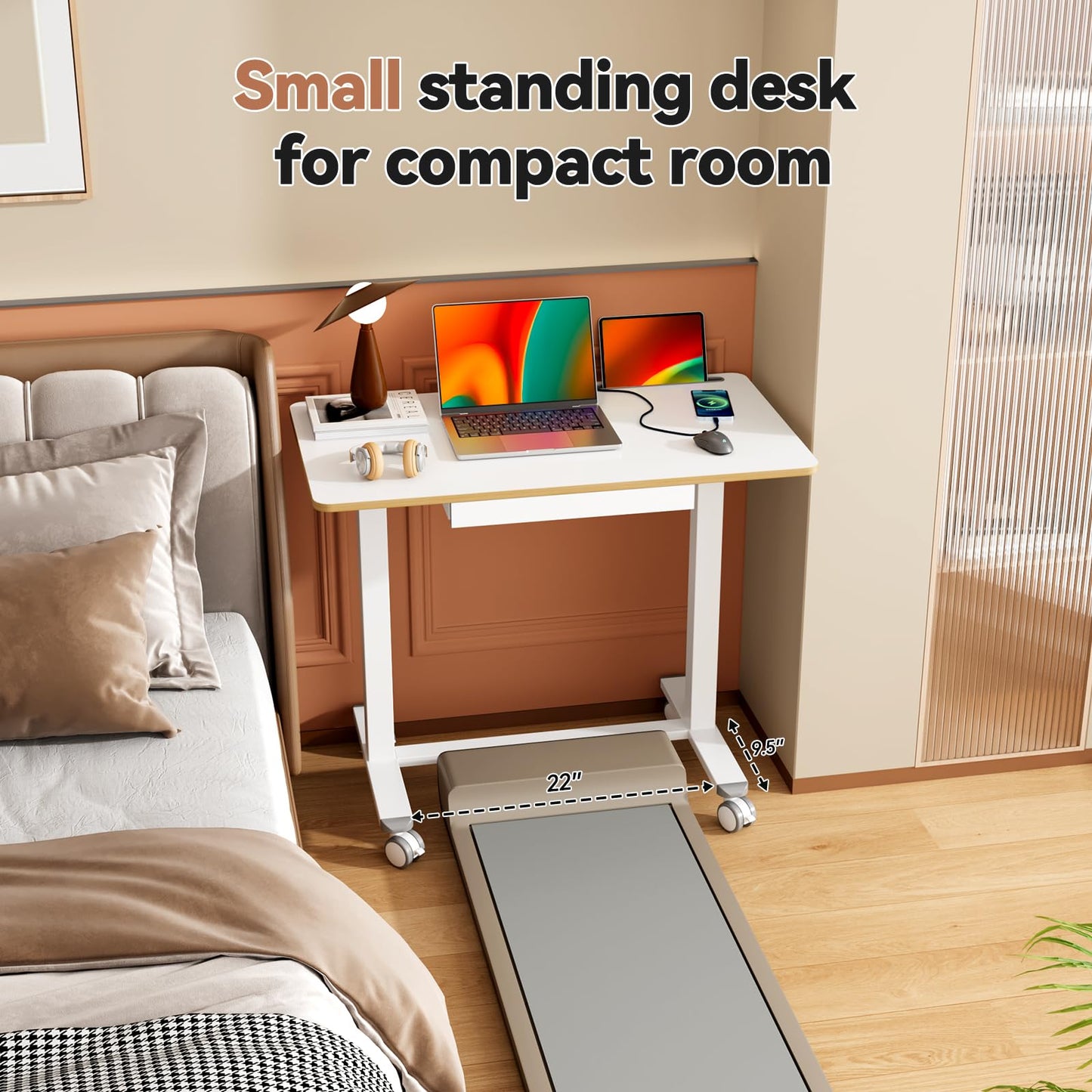 Liftsync Mobile Standing Desk, 35inch Small Rolling Table with Drawer, Height Adjustable Sit Stand Workstation, White Portable Laptop Cart with Hidden Wheels or Lockable Casters