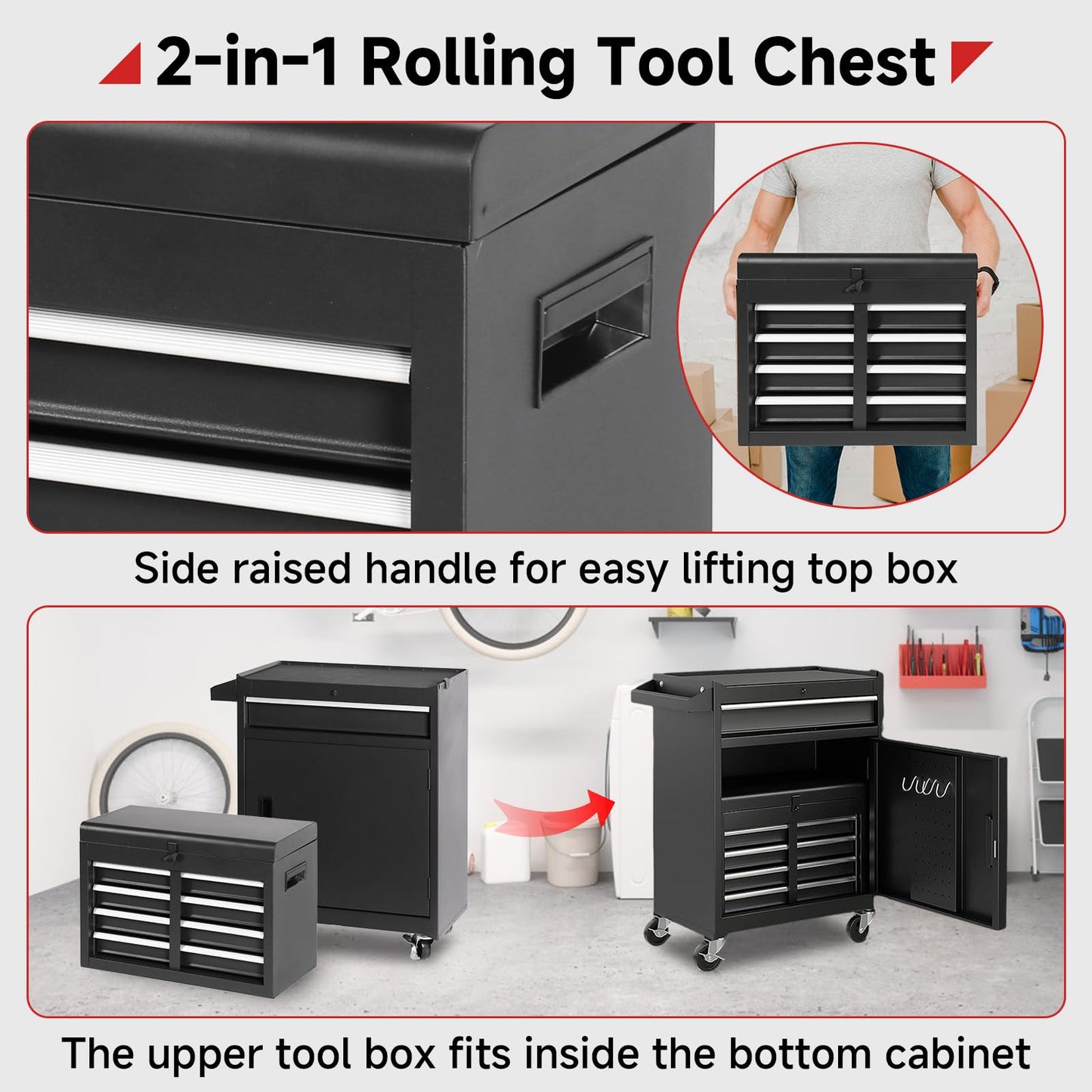 Rovibek Rolling Tool Chest, 5-Drawer Rolling Tool Chest with Detachable Top Toolbox, Lock Bar, Tool Rack, Metal Tool Box for Garage Workshop Warehouse, Black