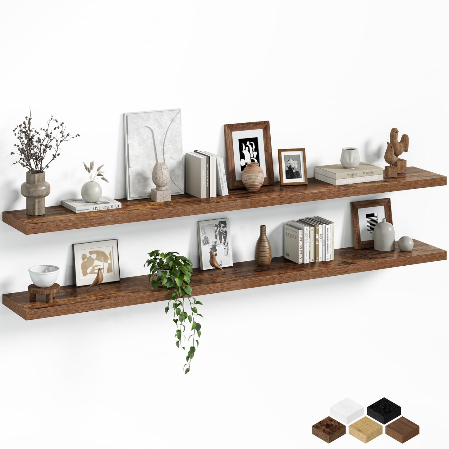 Fun Memories Floating Shelves for Wall, 72 Inch Long Set of 2 Rustic Wood Wall Shelves with Invisible Brackets, Heavy Duty Storage Display for Living Room Bedroom Kitchen, Brown