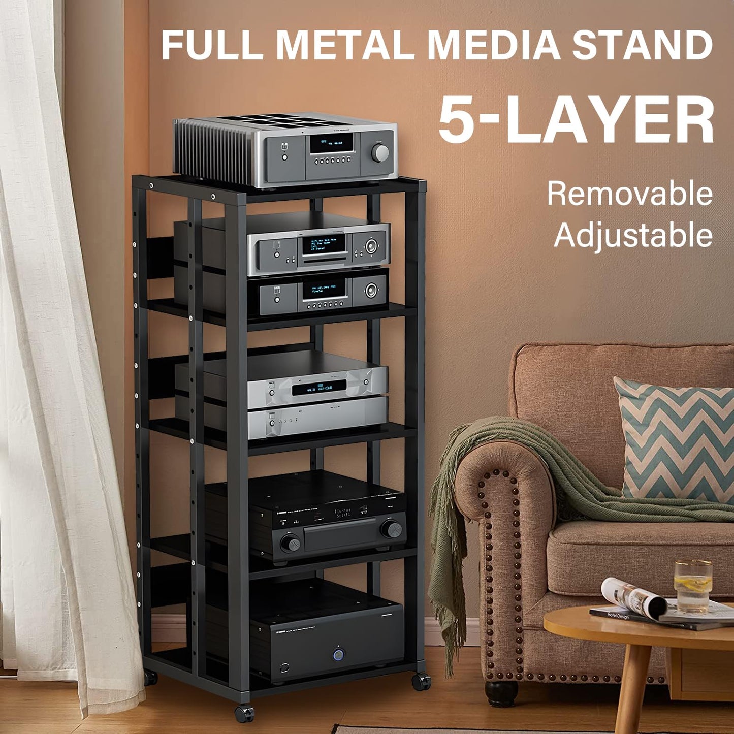 jvsufuik 5-Tier AV Media Stand with Wheels, Media Console Cabinet With Adjustable Shelves, Metal Audio Rack, Mobile Game Console Stand, Stereo Audio Cabinet For Record Player, Dvd, TV Box