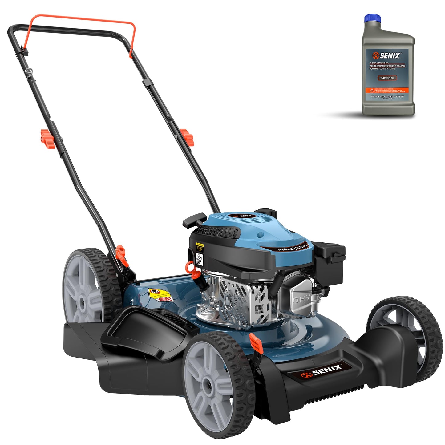 SENIX 21-Inch Gas Lawn Mower, 144cc 4-Cycle Engine, 2-in-1 Mulching & Side Discharge, 6-Position Height Adjustment, Push Walk-Behind Mower for Residential Yard & Garden