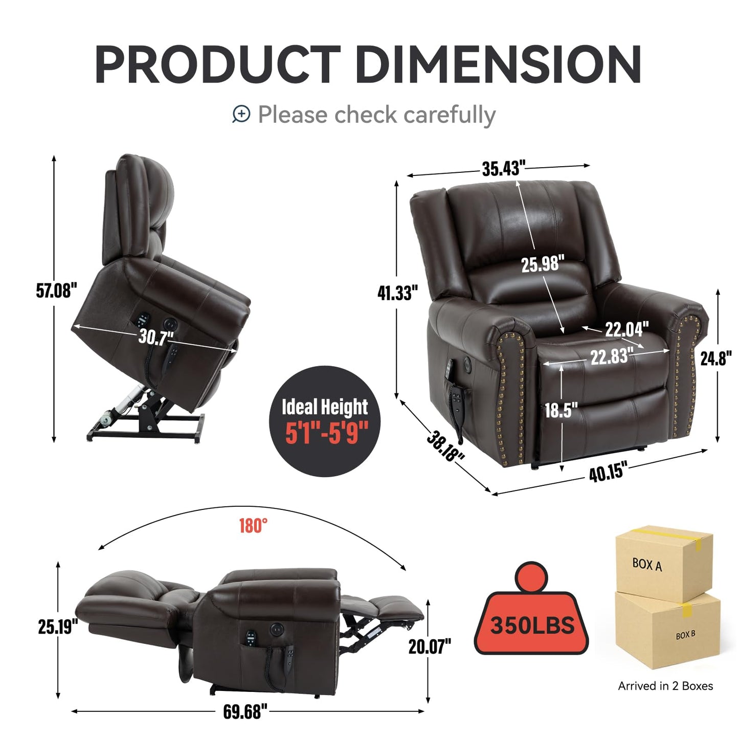 KEIKI Oversized Power Lift Recliner Rocking Chair for Adult, Genuine Leather Mid Century Modern Accent Chair with Back Message & Heat USB Port, Adjustable Home Theater Seating for Living Room, Brown