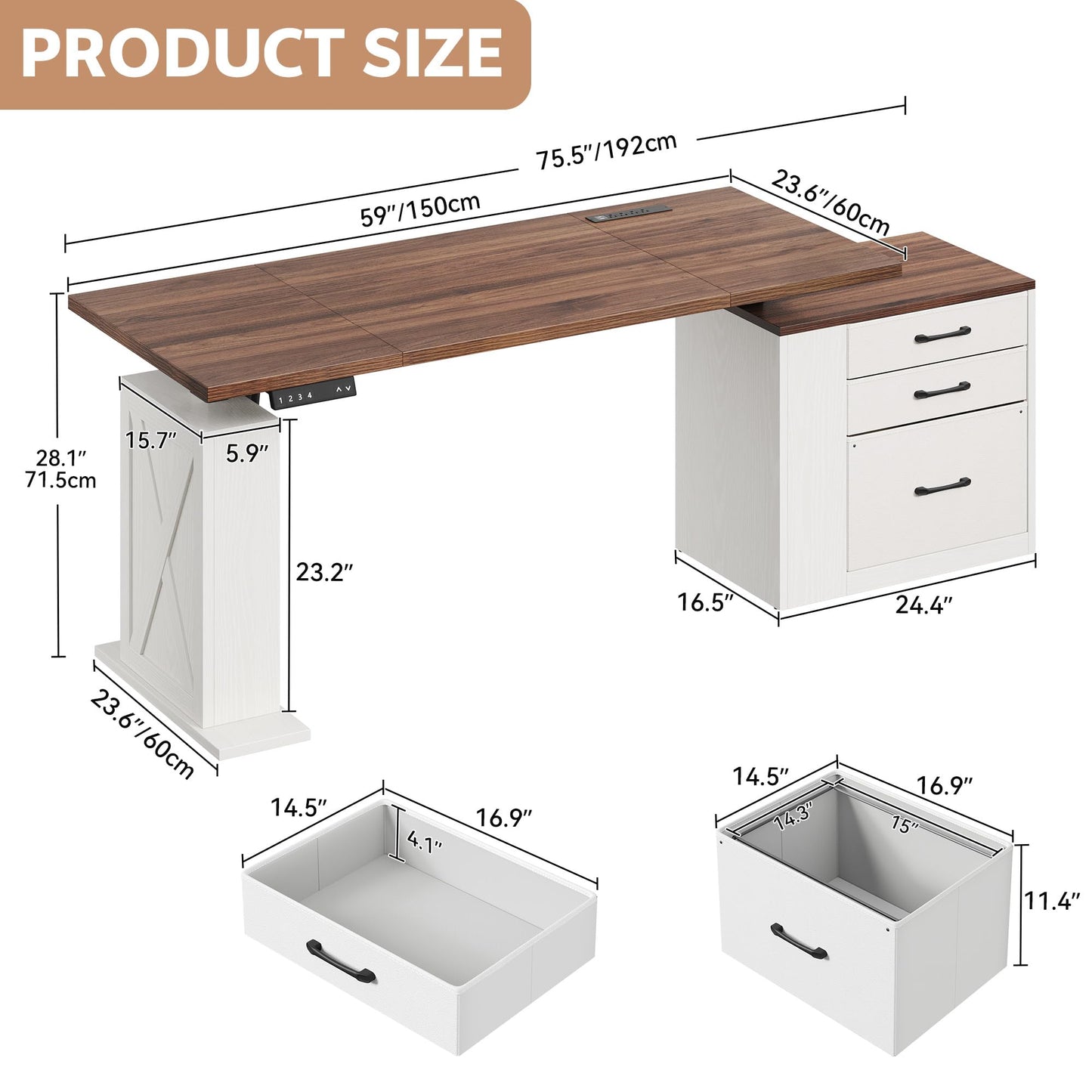 Homiflex 75.5 Inches Electric Standing Desk with Drawers Farmhouse Sit Stand Desk with Storage Adjustable Height Computer Desk with Power Outlets Printer Space for Home Office White and Walnut