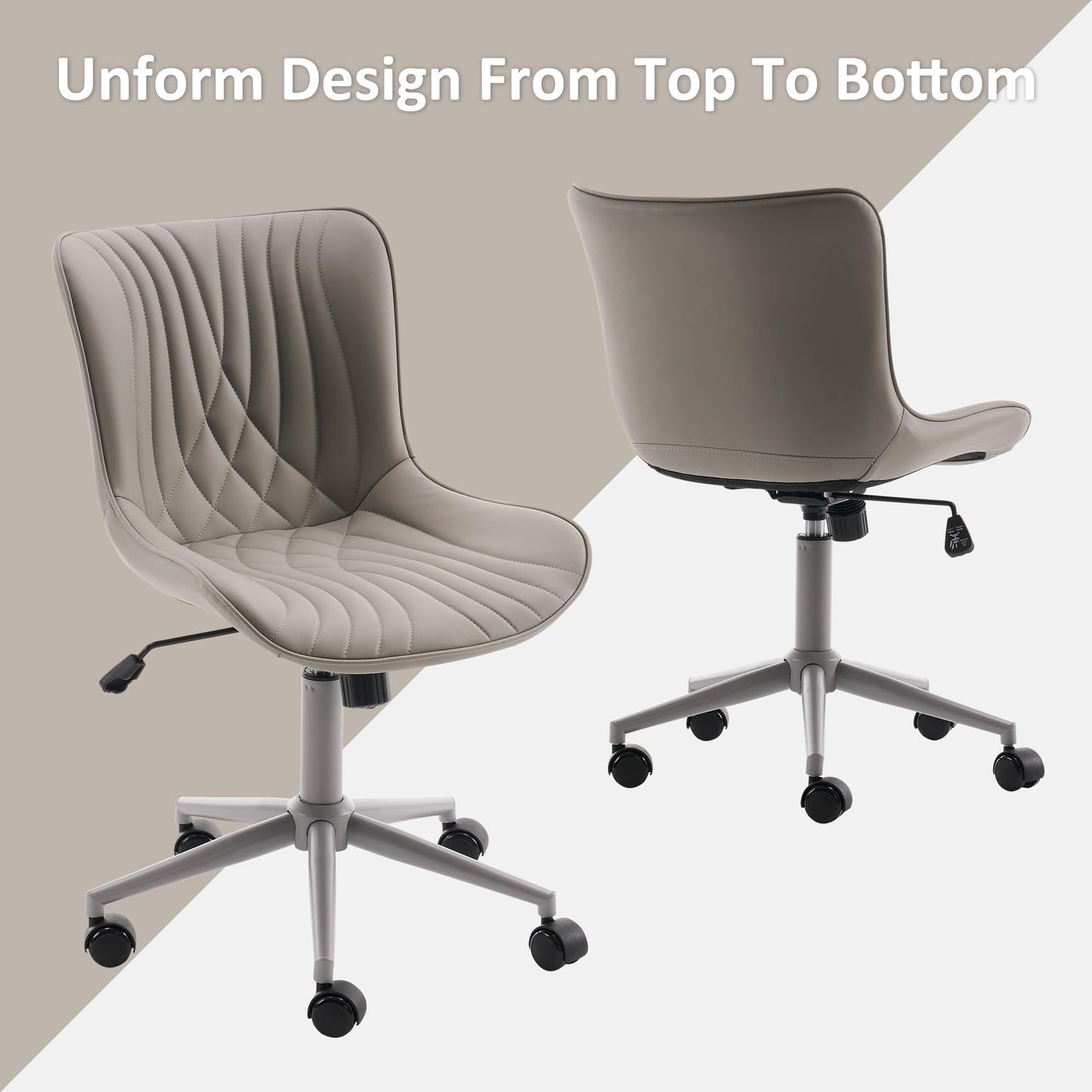 YOUTASTE Grey Armless Office Chair, Modern Adjustable Swivel Desk Chair with Wheels, Upholstered PU Leather, Gray Metal Legs, Back Support for Home Office, Study, Vanity, Bedroom