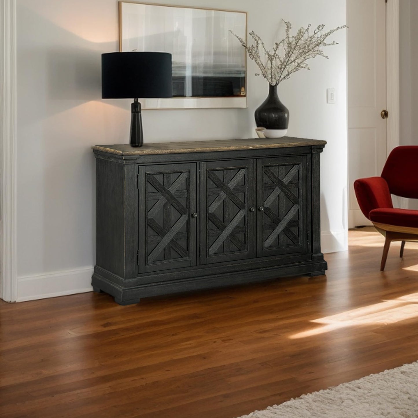 Signature Design by Ashley Tyler Creek Vintage Casual Dining Room Buffet Cabinet or Server with 3 Doors and Lattice Design, Wood, 36" High, Black & Gray