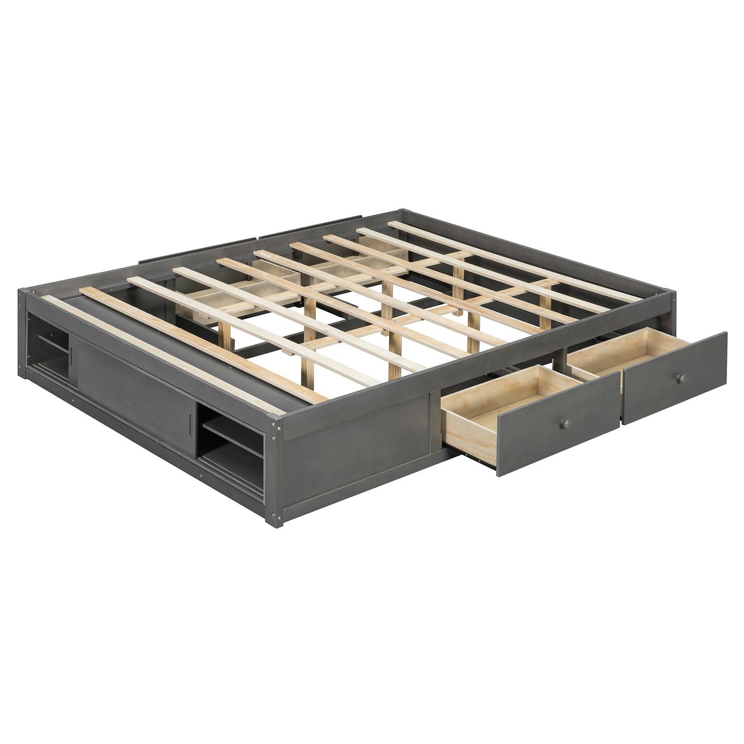 Merax Queen Size Wood Platform Bed with 4 Underbed Drawers and Footboard Storage Cubby, Minimalism Bed Frame with Solid Wooden Slat Support for Bedroom, No Box Spring Needed, Easy Assembly, Gray