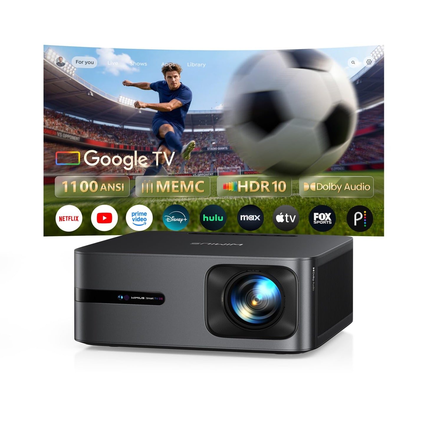 WiMiUS G2 Official Google TV 14.0 Projector, 4K Supported, Real 1100 ANSI, MEMC, HDR10, 30W Dolby Audio, Smart Auto Focus, WiFi 6 & Bluetooth Home Theater Projector for Outdoor Movies & Sports